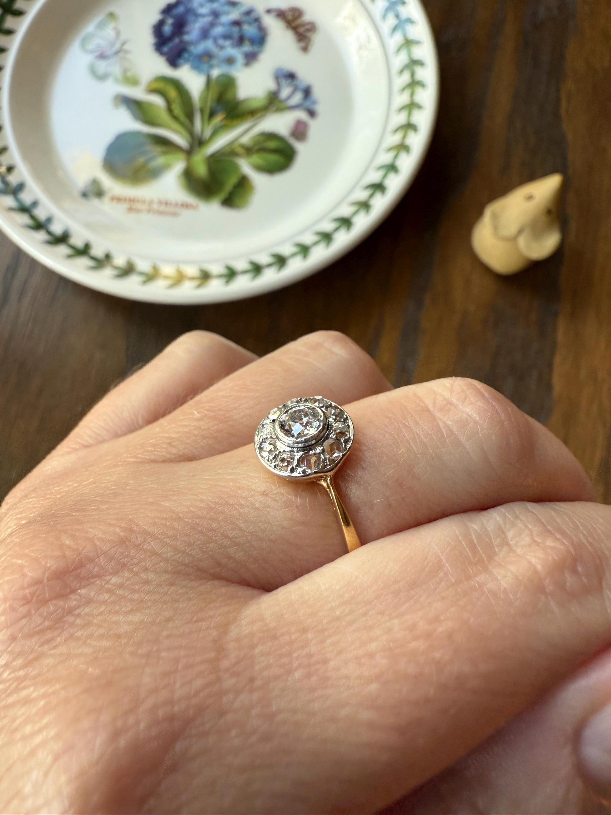 Antique Old Mine Cut Diamond Rose Cut Halo Ring 18k Gold Stacker Ring OMC Bullseye Target Romantic Gift