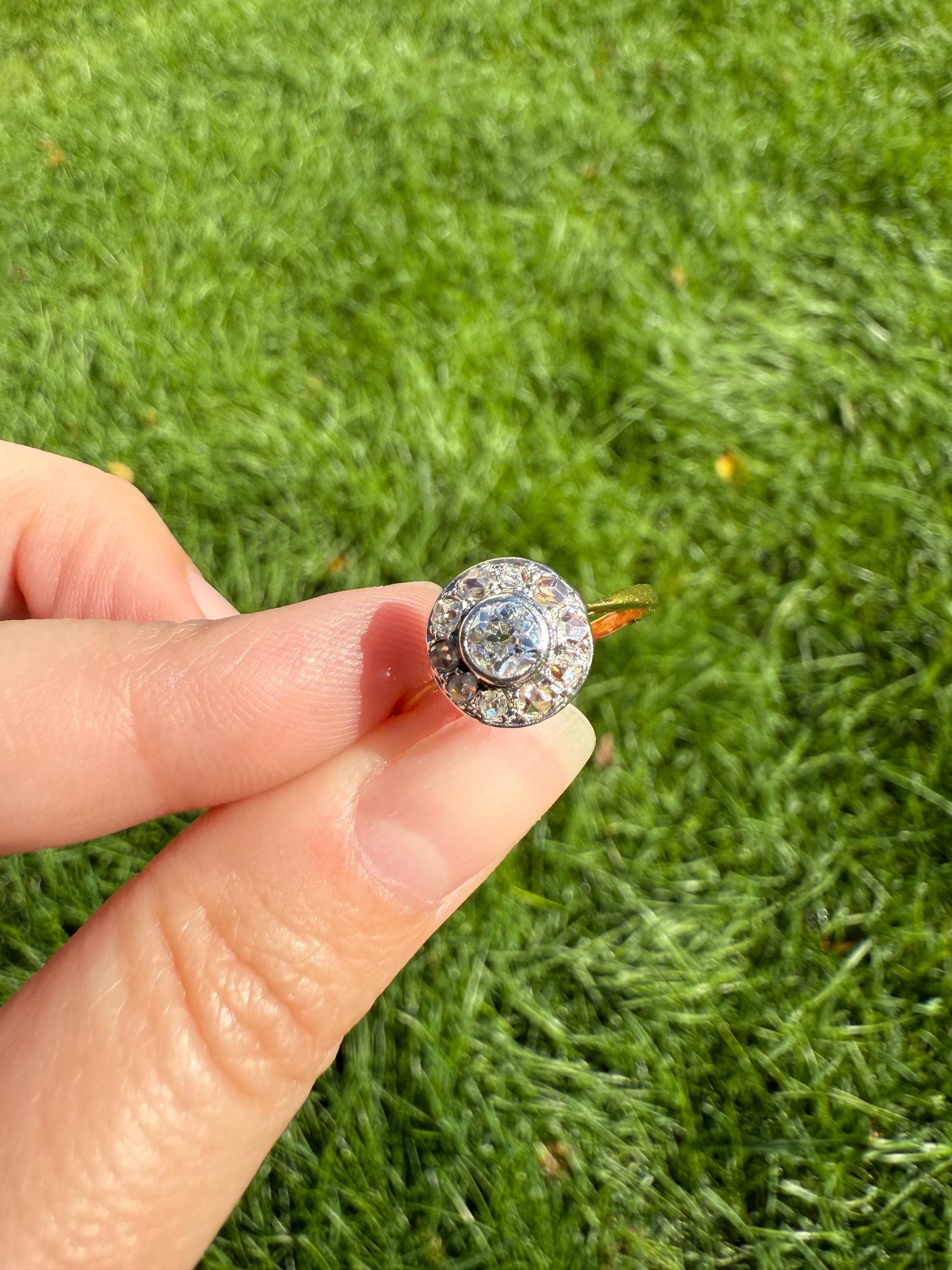 Antique Old Mine Cut Diamond Rose Cut Halo Ring 18k Gold Stacker Ring OMC Bullseye Target Romantic Gift