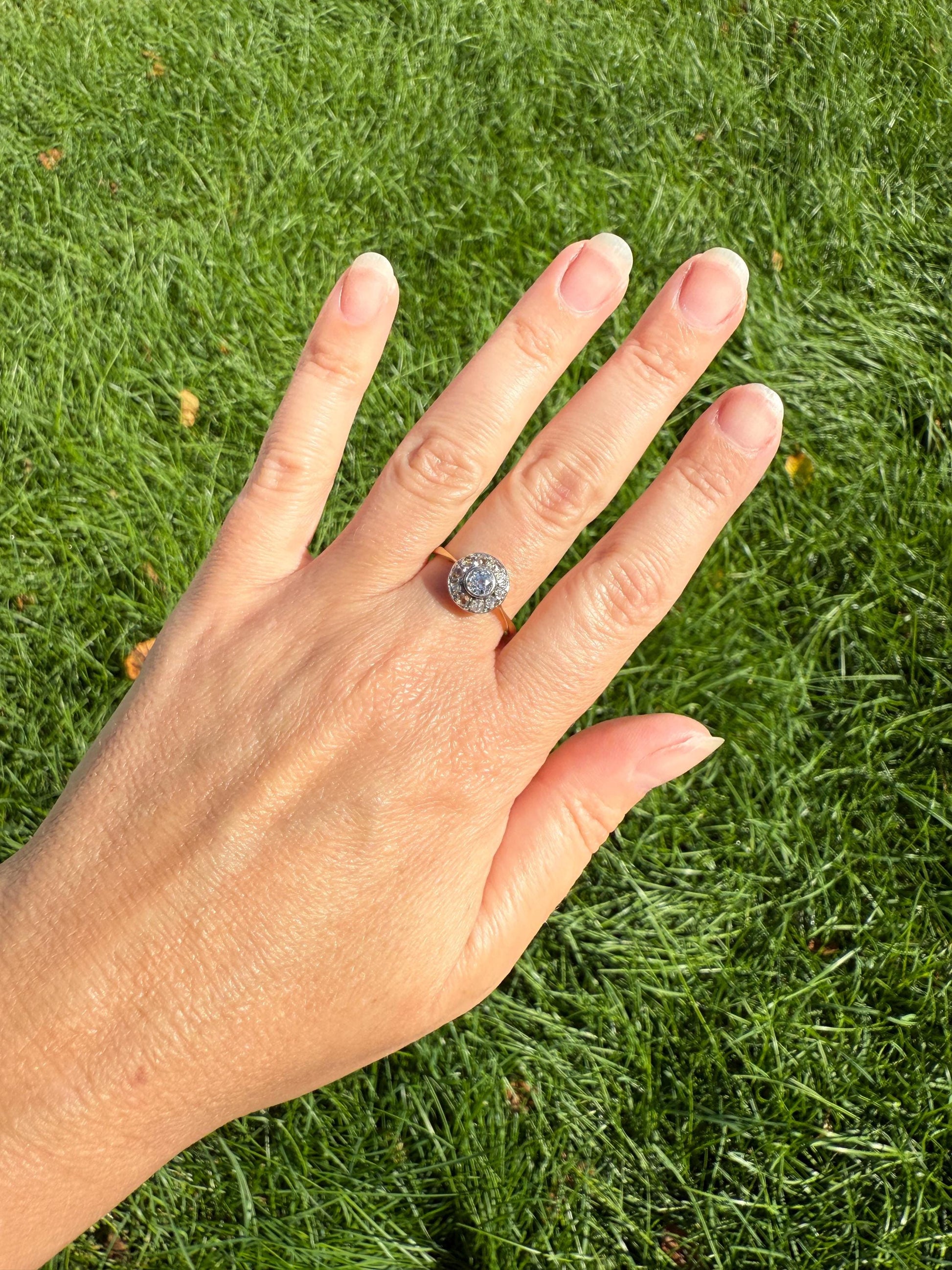 Antique Old Mine Cut Diamond Rose Cut Halo Ring 18k Gold Stacker Ring OMC Bullseye Target Romantic Gift