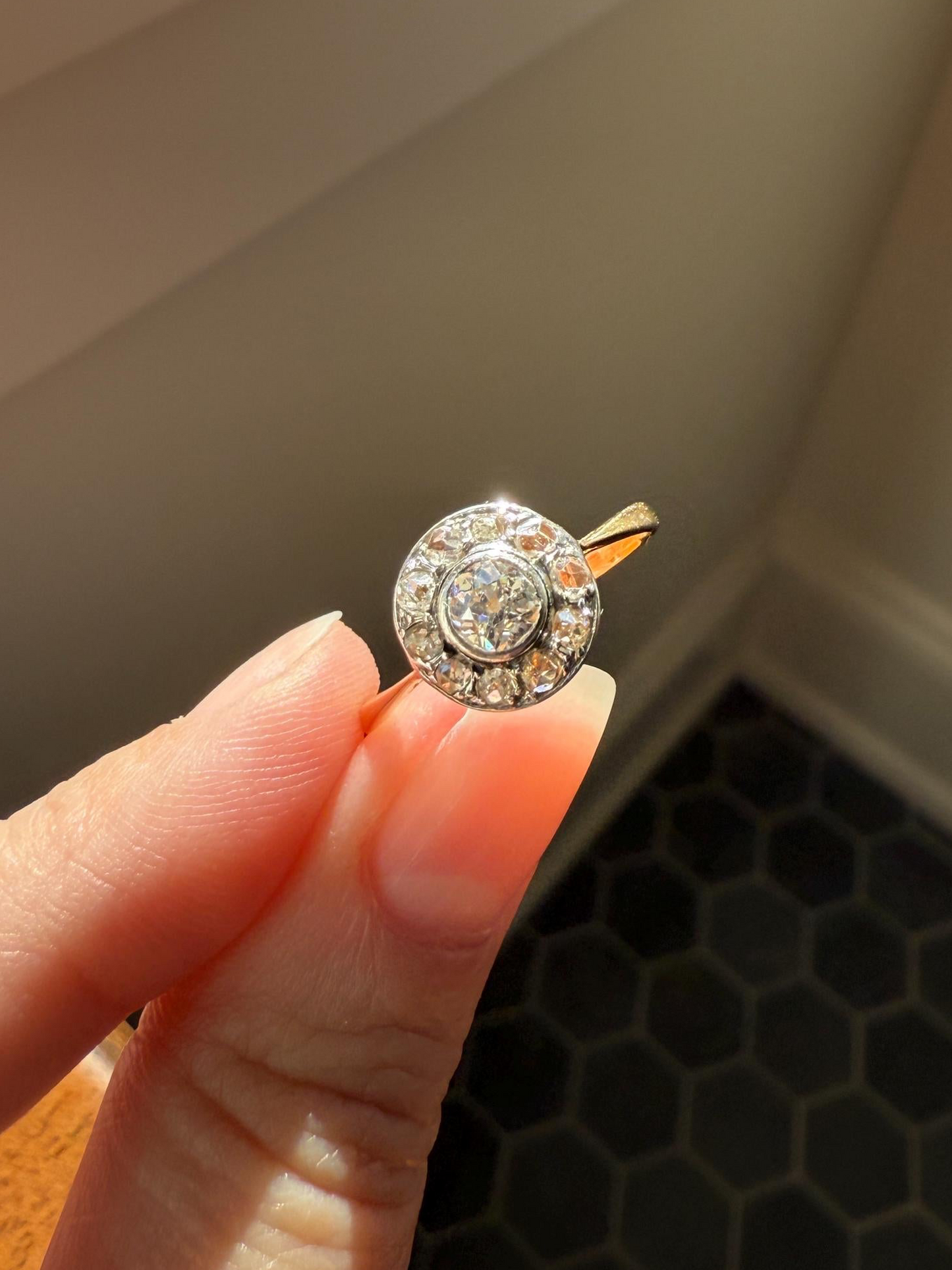 Antique Old Mine Cut Diamond Rose Cut Halo Ring 18k Gold Stacker Ring OMC Bullseye Target Romantic Gift