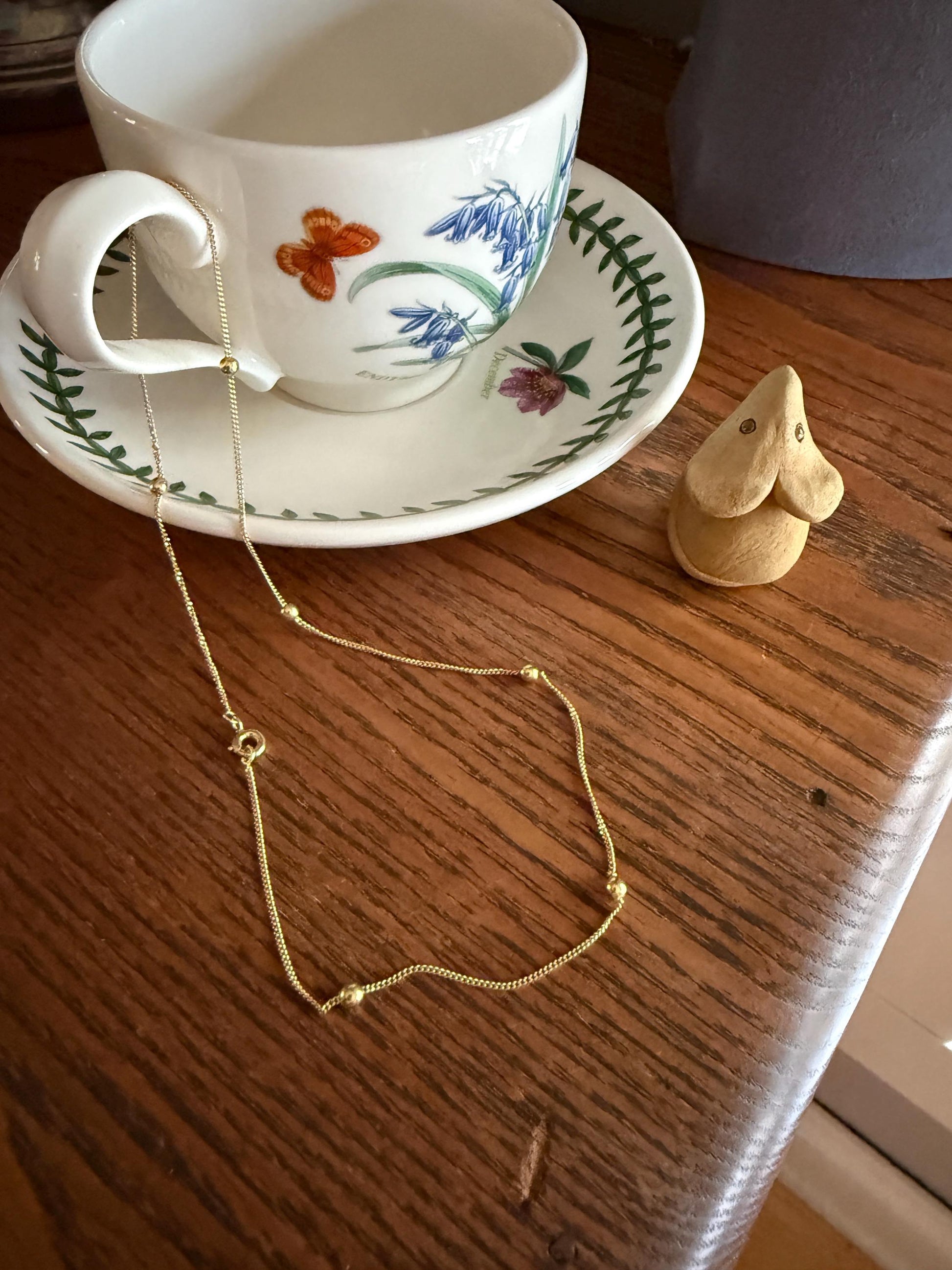 Dainty Vintage Mini Bead Chain 18k Gold Pearls 15" Short Necklace Solid Ball Rivet 2.4g Minimalist Layering Shimmer Glow Choker