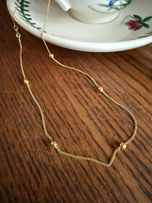 Dainty Vintage Mini Bead Chain 18k Gold Pearls 15" Short Necklace Solid Ball Rivet 2.4g Minimalist Layering Shimmer Glow Choker