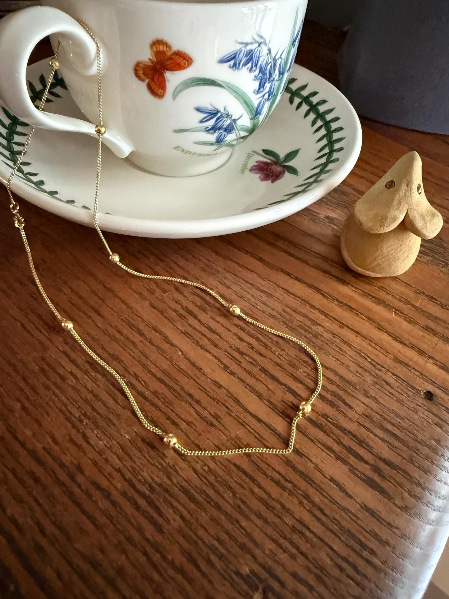 Dainty Vintage Mini Bead Chain 18k Gold Pearls 15" Short Necklace Solid Ball Rivet 2.4g Minimalist Layering Shimmer Glow Choker