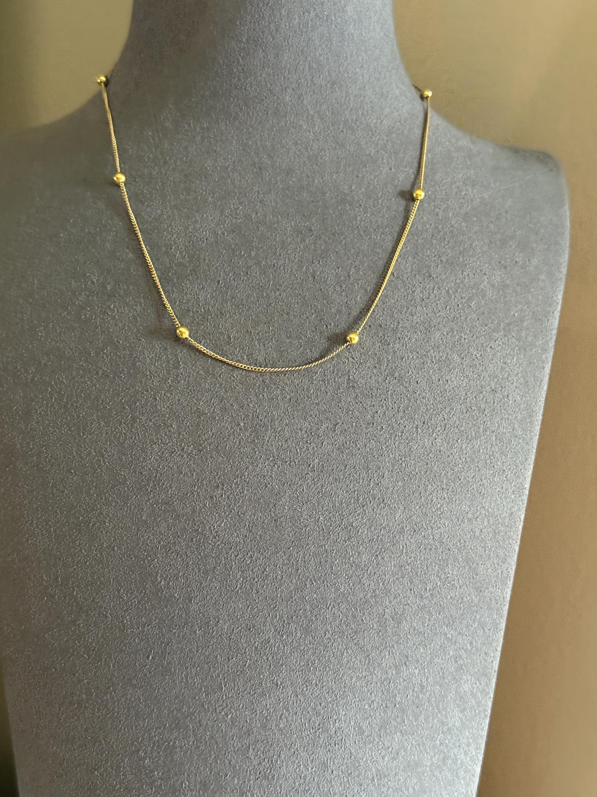 Dainty Vintage Mini Bead Chain 18k Gold Pearls 15" Short Necklace Solid Ball Rivet 2.4g Minimalist Layering Shimmer Glow Choker