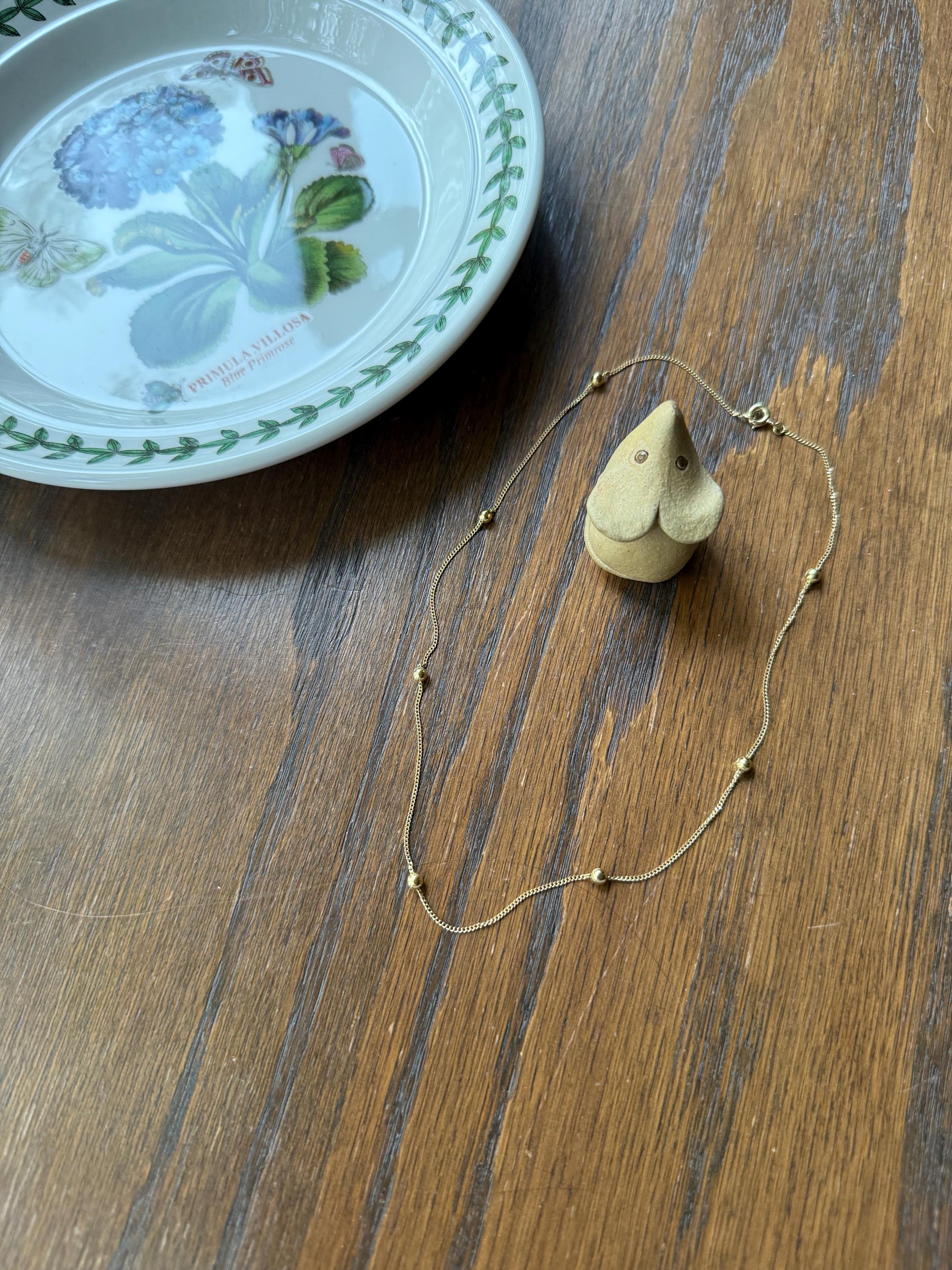 Dainty Vintage Mini Bead Chain 18k Gold Pearls 15" Short Necklace Solid Ball Rivet 2.4g Minimalist Layering Shimmer Glow Choker