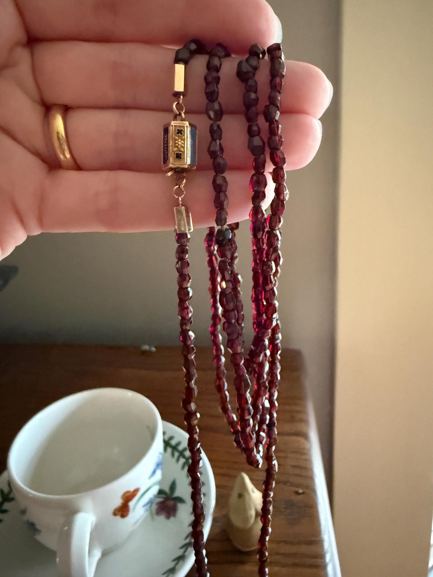 Given in FRIENDSHIP Antique GARNET Bead Long Chain French Amitie Victorian 18k Gold Solid Necklace Layering Crimson Red Glow Multi Strand
