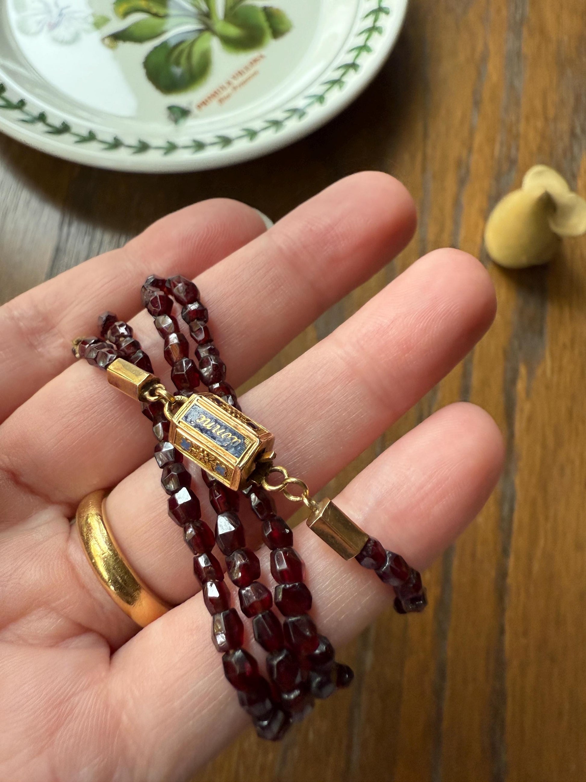 Given in FRIENDSHIP Antique GARNET Bead Long Chain French Amitie Victorian 18k Gold Solid Necklace Layering Crimson Red Glow Multi Strand