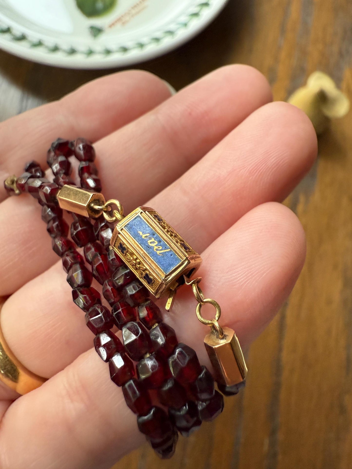 Given in FRIENDSHIP Antique GARNET Bead Long Chain French Amitie Victorian 18k Gold Solid Necklace Layering Crimson Red Glow Multi Strand