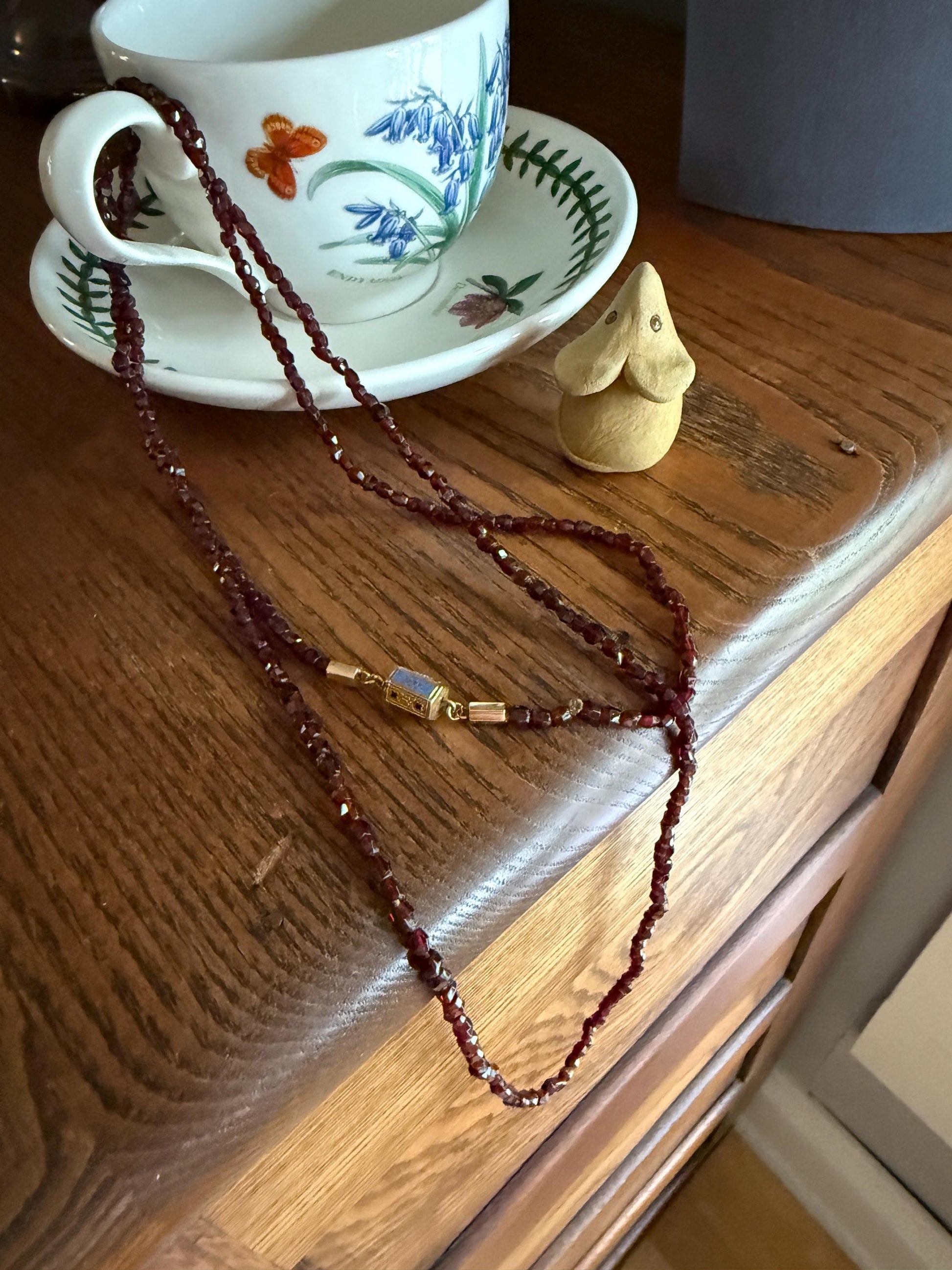 Given in FRIENDSHIP Antique GARNET Bead Long Chain French Amitie Victorian 18k Gold Solid Necklace Layering Crimson Red Glow Multi Strand