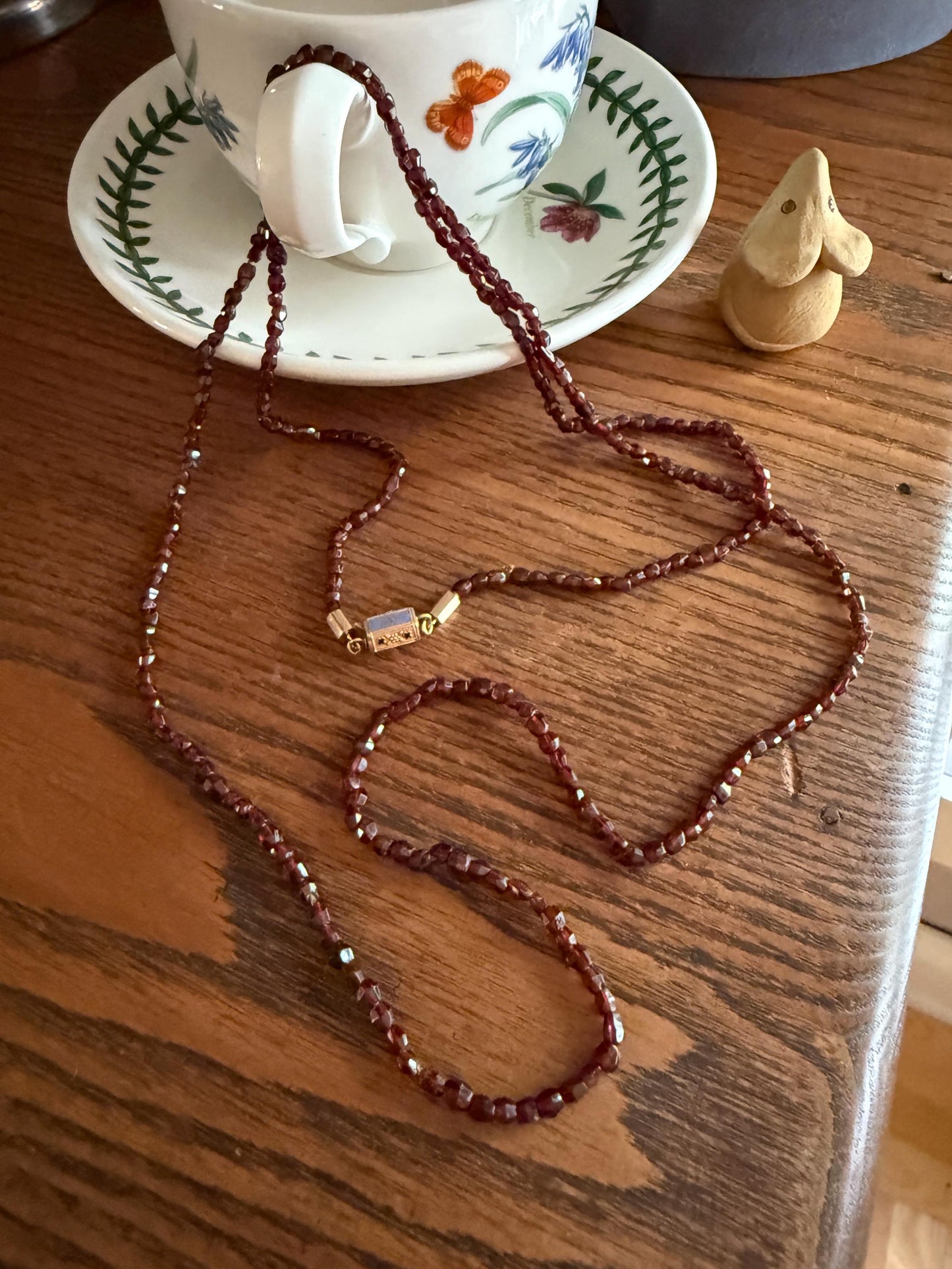 Given in FRIENDSHIP Antique GARNET Bead Long Chain French Amitie Victorian 18k Gold Solid Necklace Layering Crimson Red Glow Multi Strand