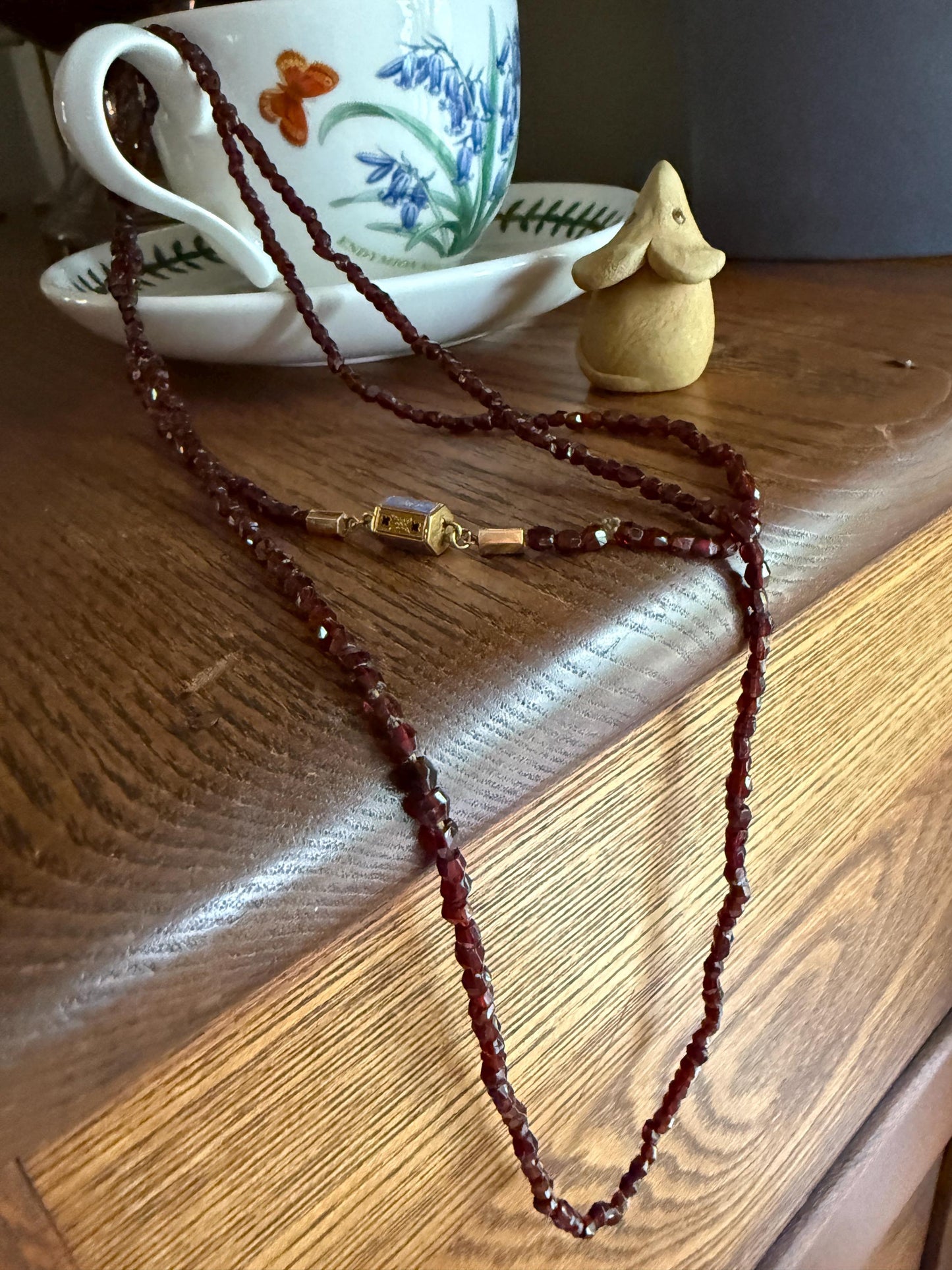 Given in FRIENDSHIP Antique GARNET Bead Long Chain French Amitie Victorian 18k Gold Solid Necklace Layering Crimson Red Glow Multi Strand