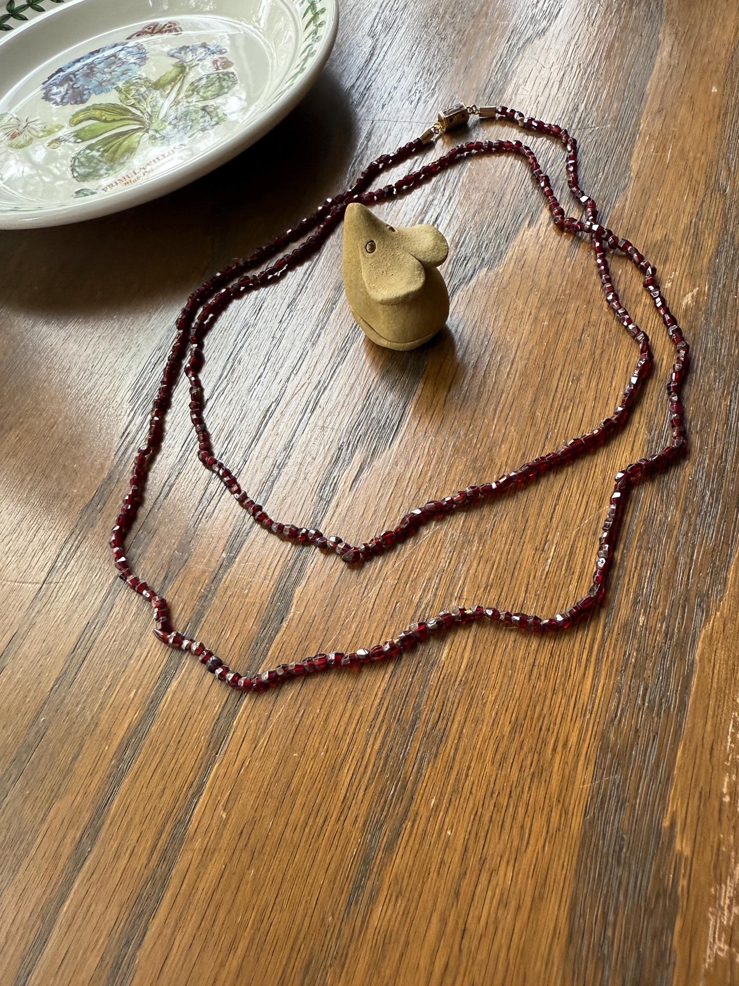 Given in FRIENDSHIP Antique GARNET Bead Long Chain French Amitie Victorian 18k Gold Solid Necklace Layering Crimson Red Glow Multi Strand