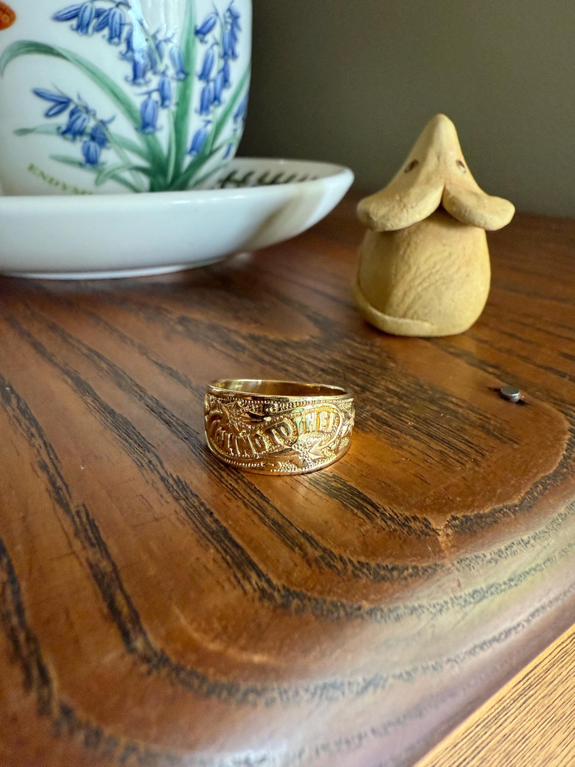 Antique c1879 I CLING to THEE Ivy Wide Band Ring 4.7g 18k Gold Stacker Wedding Posey Engagement Rare Romantic Gift Poesy Buttery Victorian