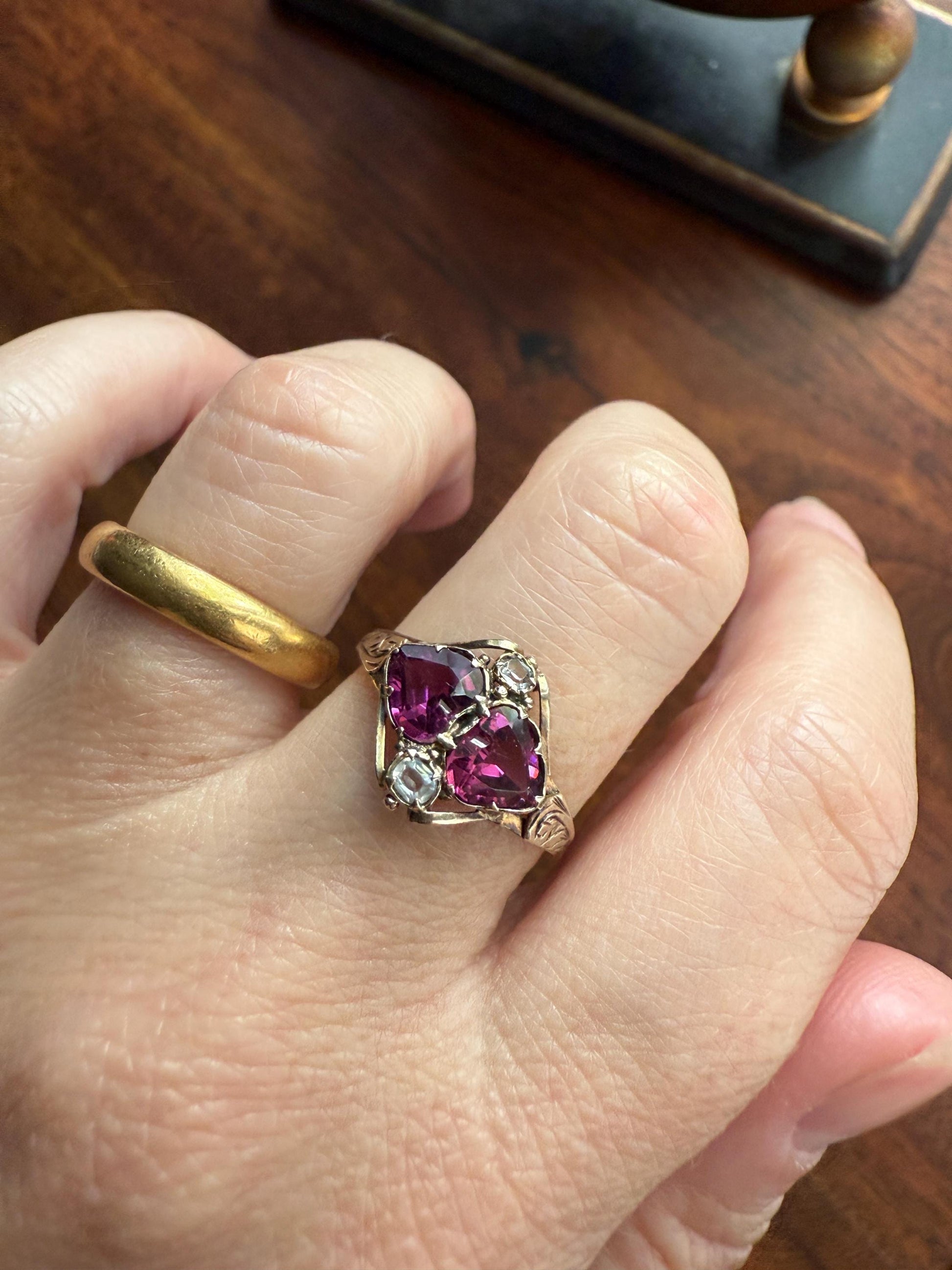 Double HEART Cut Purple GARNET Antique c1862 Love Ring Antique 12k Gold Glowing Figural Band Stacker Romantic Gift Victorian Valentine's