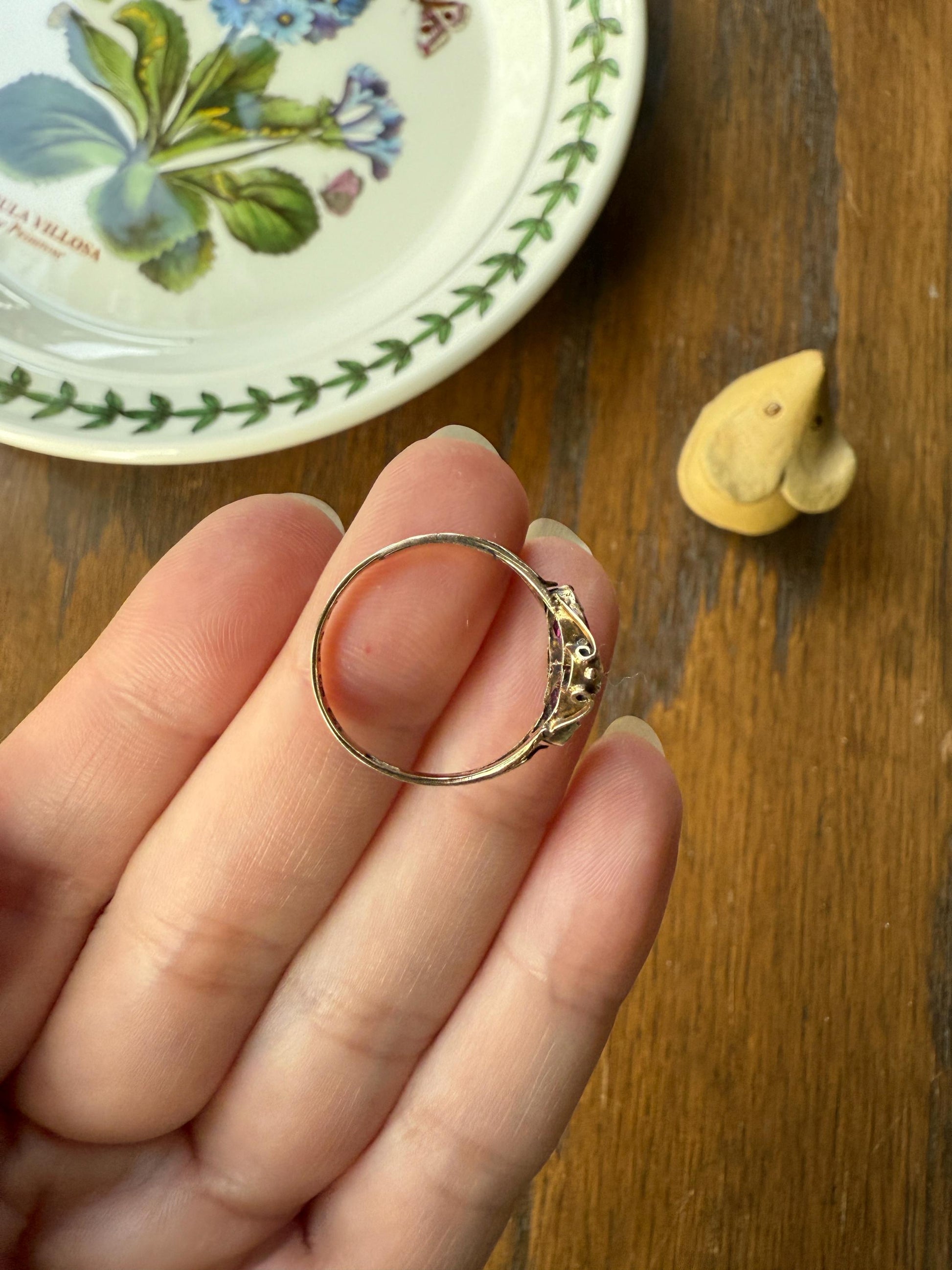 Double HEART Cut Purple GARNET Antique c1862 Love Ring Antique 12k Gold Glowing Figural Band Stacker Romantic Gift Victorian Valentine's