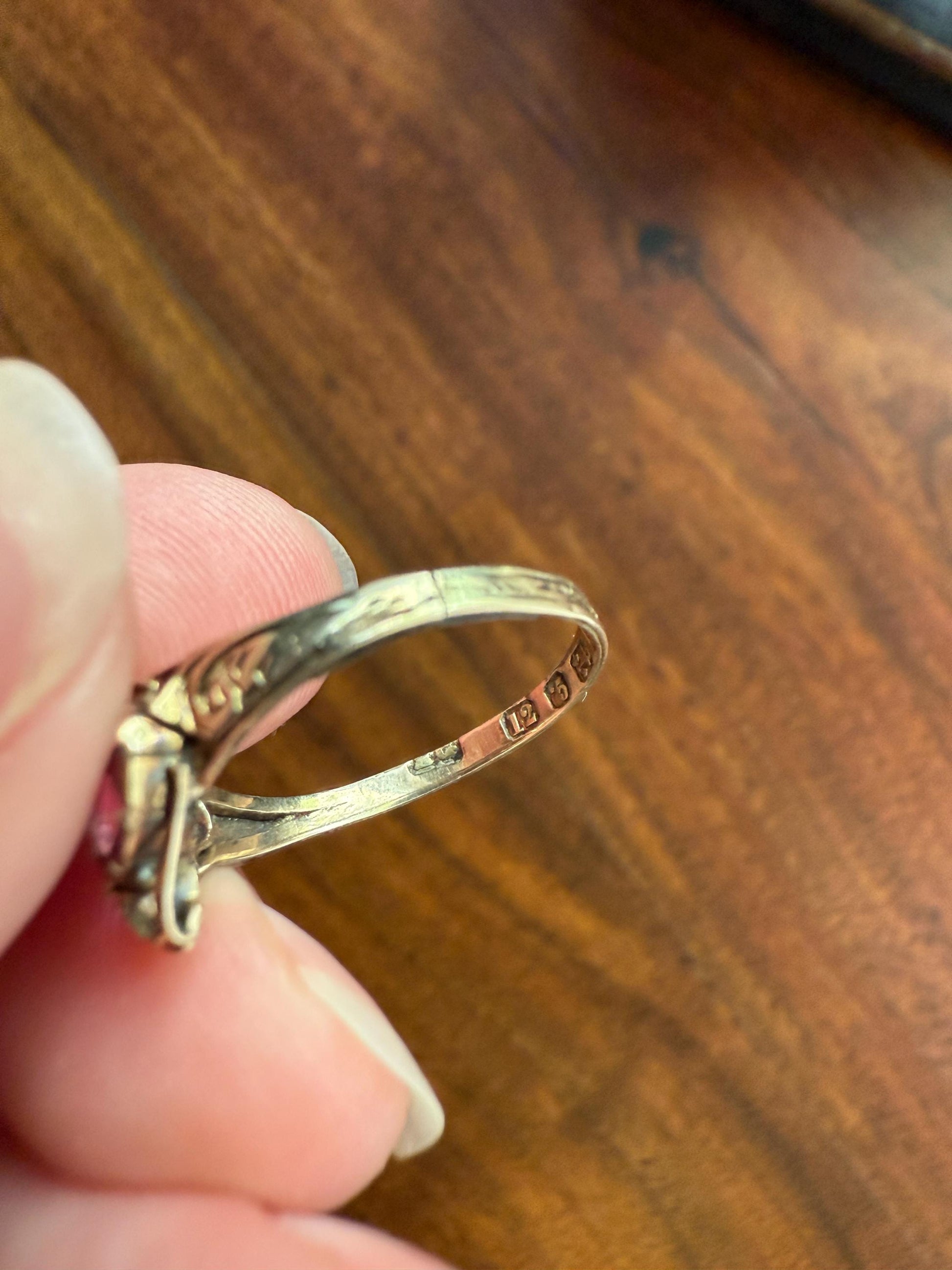 Double HEART Cut Purple GARNET Antique c1862 Love Ring Antique 12k Gold Glowing Figural Band Stacker Romantic Gift Victorian Valentine's