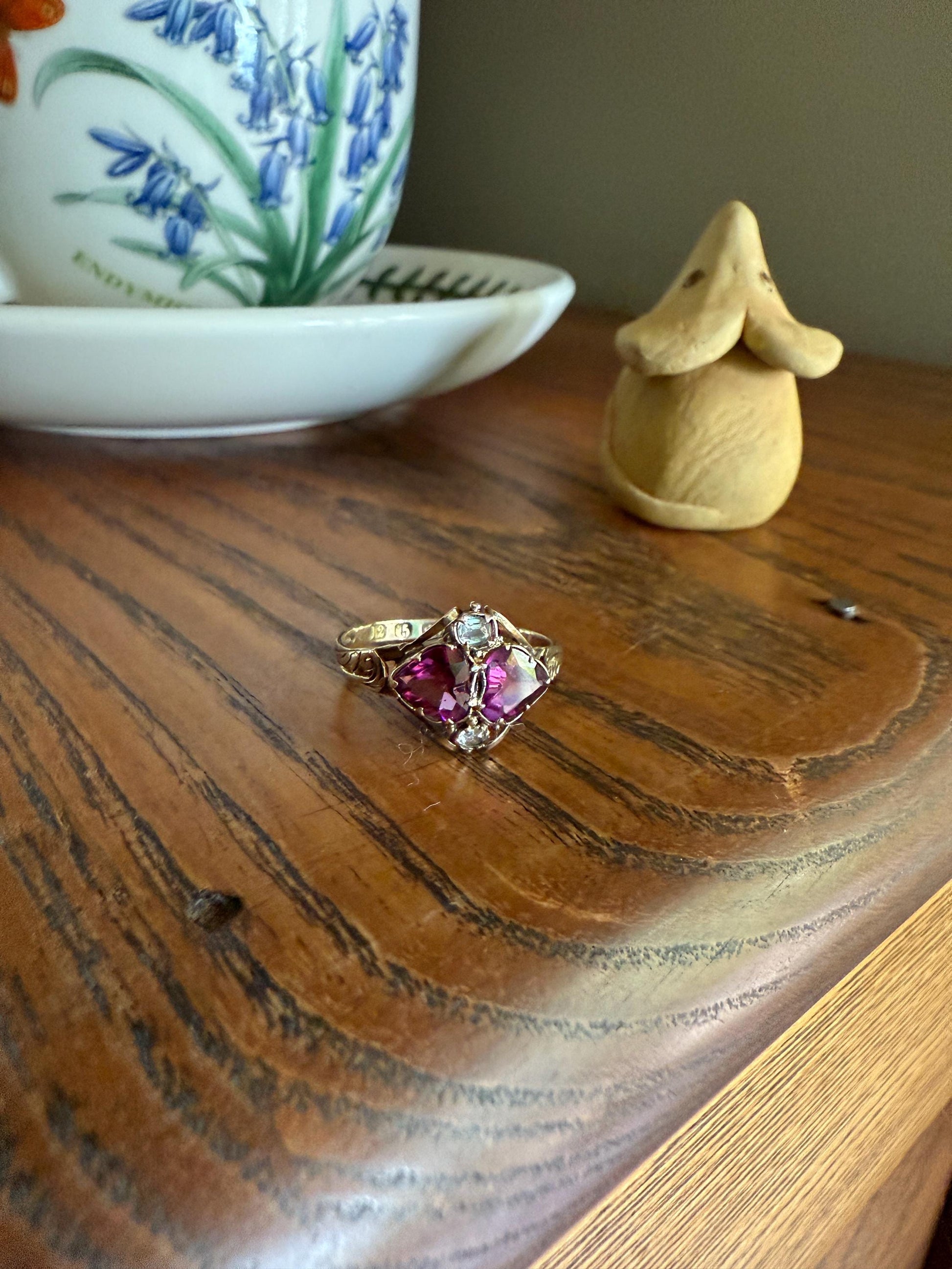 Double HEART Cut Purple GARNET Antique c1862 Love Ring Antique 12k Gold Glowing Figural Band Stacker Romantic Gift Victorian Valentine's