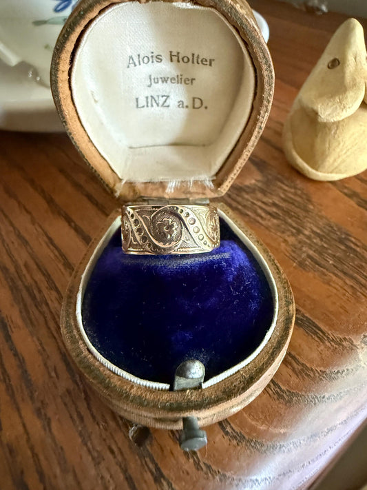 FLORAL Victorian Wedding Ring Forget Me Not 8mm Wide Cigar Band Antique 10k Rose Gold Solid Eternity Stacker Romantic Gift Swirl Flowers
