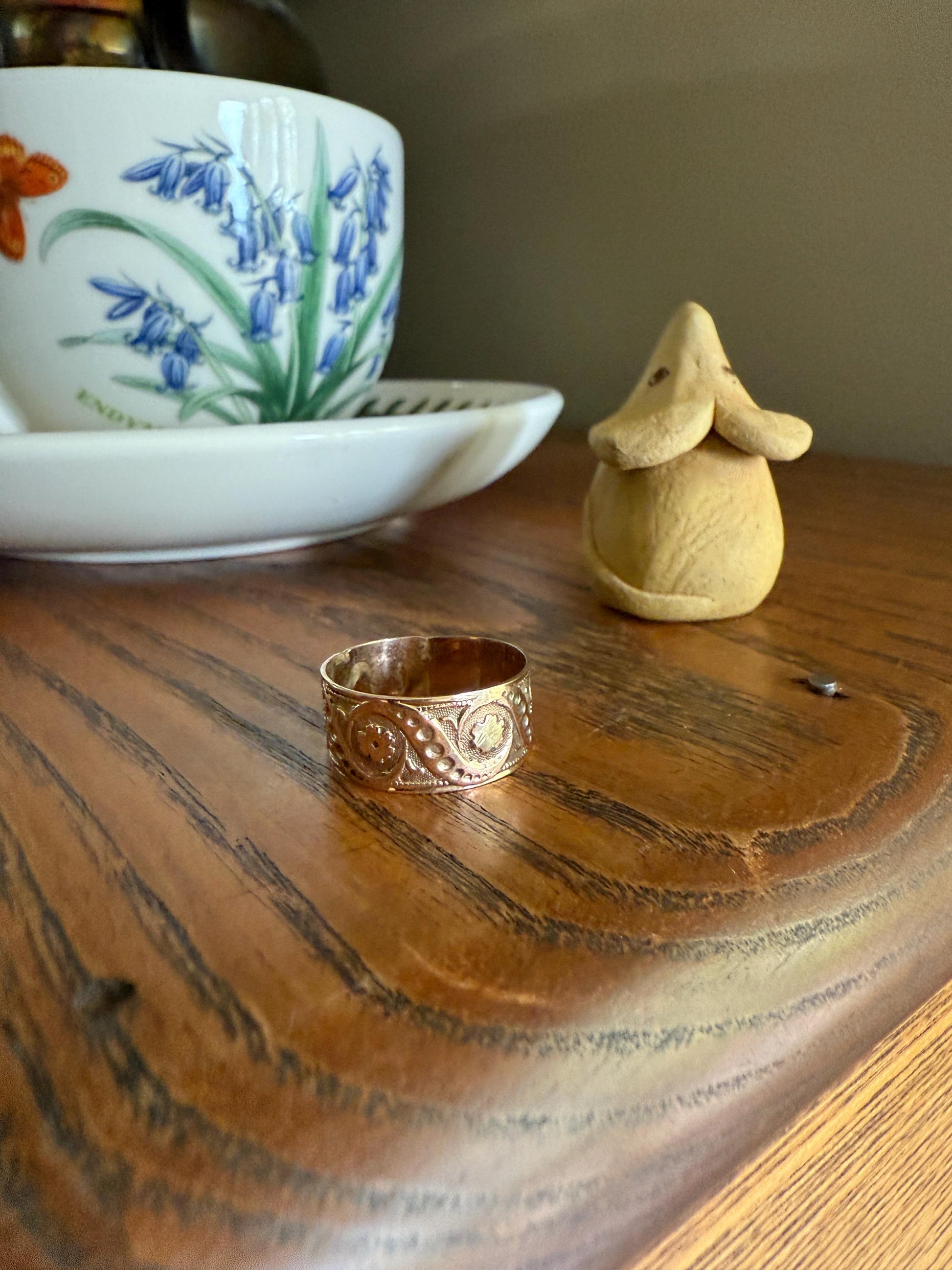 FLORAL Victorian Wedding Ring Forget Me Not 8mm Wide Cigar Band Antique 10k Rose Gold Solid Eternity Stacker Romantic Gift Swirl Flowers
