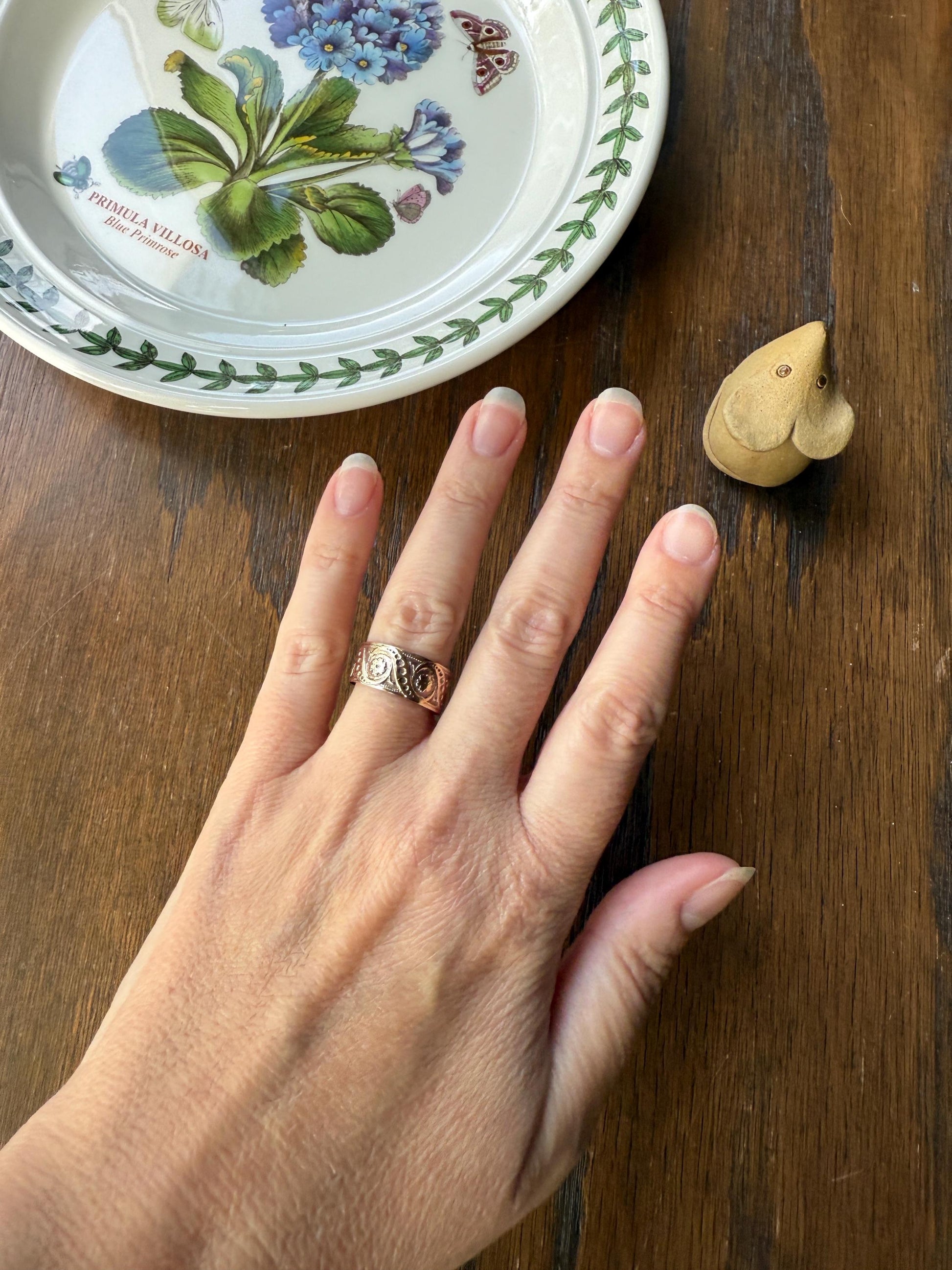 FLORAL Victorian Wedding Ring Forget Me Not 8mm Wide Cigar Band Antique 10k Rose Gold Solid Eternity Stacker Romantic Gift Swirl Flowers