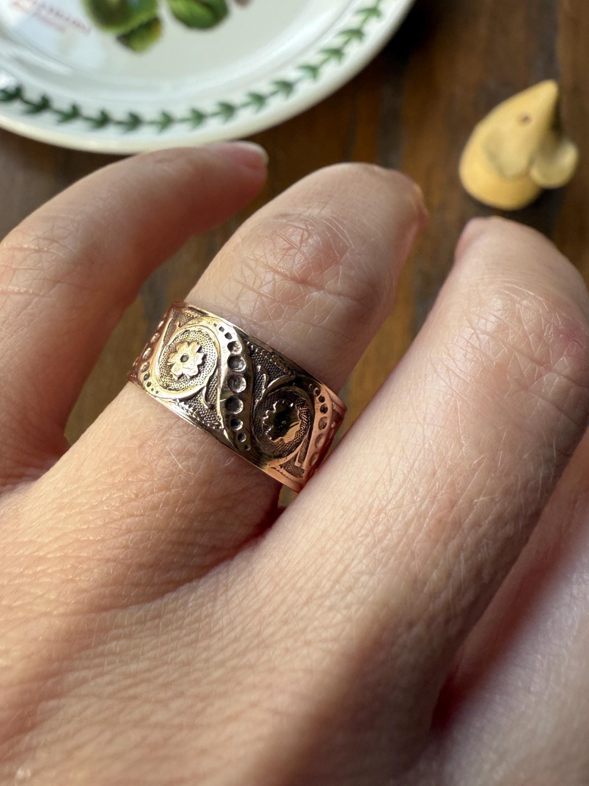 FLORAL Victorian Wedding Ring Forget Me Not 8mm Wide Cigar Band Antique 10k Rose Gold Solid Eternity Stacker Romantic Gift Swirl Flowers
