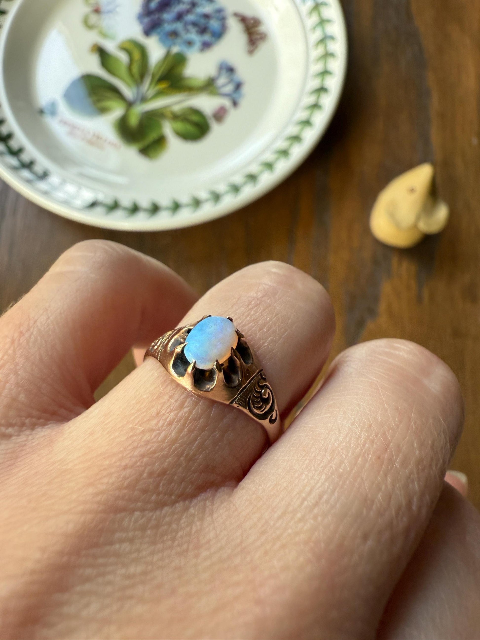 OPAL Blue Antique Oval Solitaire Ring 10k Rosy Gold Art Nouveau Romantic Gift Glowing Orb Minimalist Victorian A+ Color Swirl Shoulders