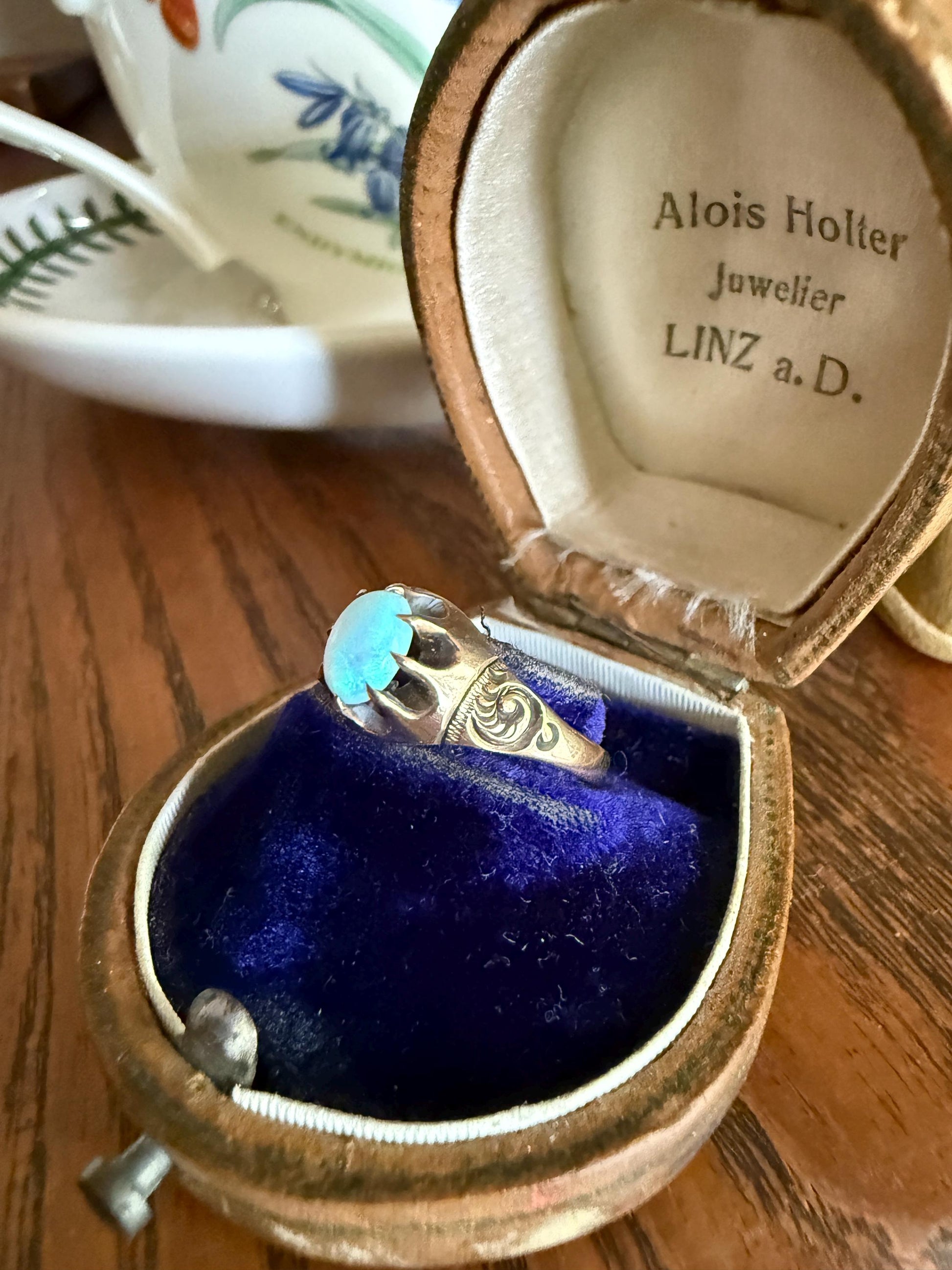 OPAL Blue Antique Oval Solitaire Ring 10k Rosy Gold Art Nouveau Romantic Gift Glowing Orb Minimalist Victorian A+ Color Swirl Shoulders