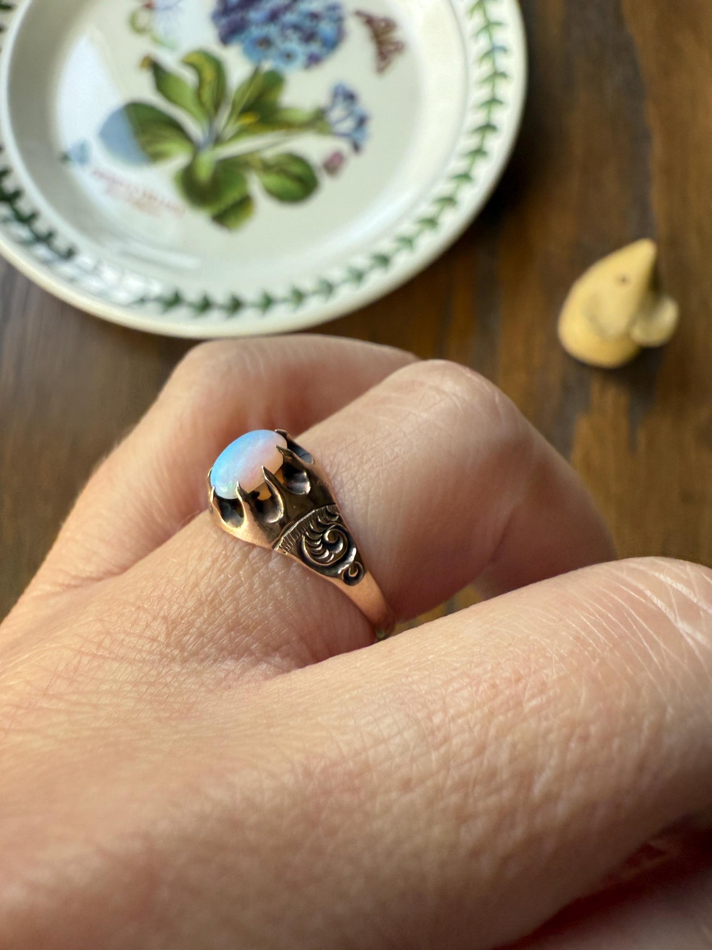 OPAL Blue Antique Oval Solitaire Ring 10k Rosy Gold Art Nouveau Romantic Gift Glowing Orb Minimalist Victorian A+ Color Swirl Shoulders