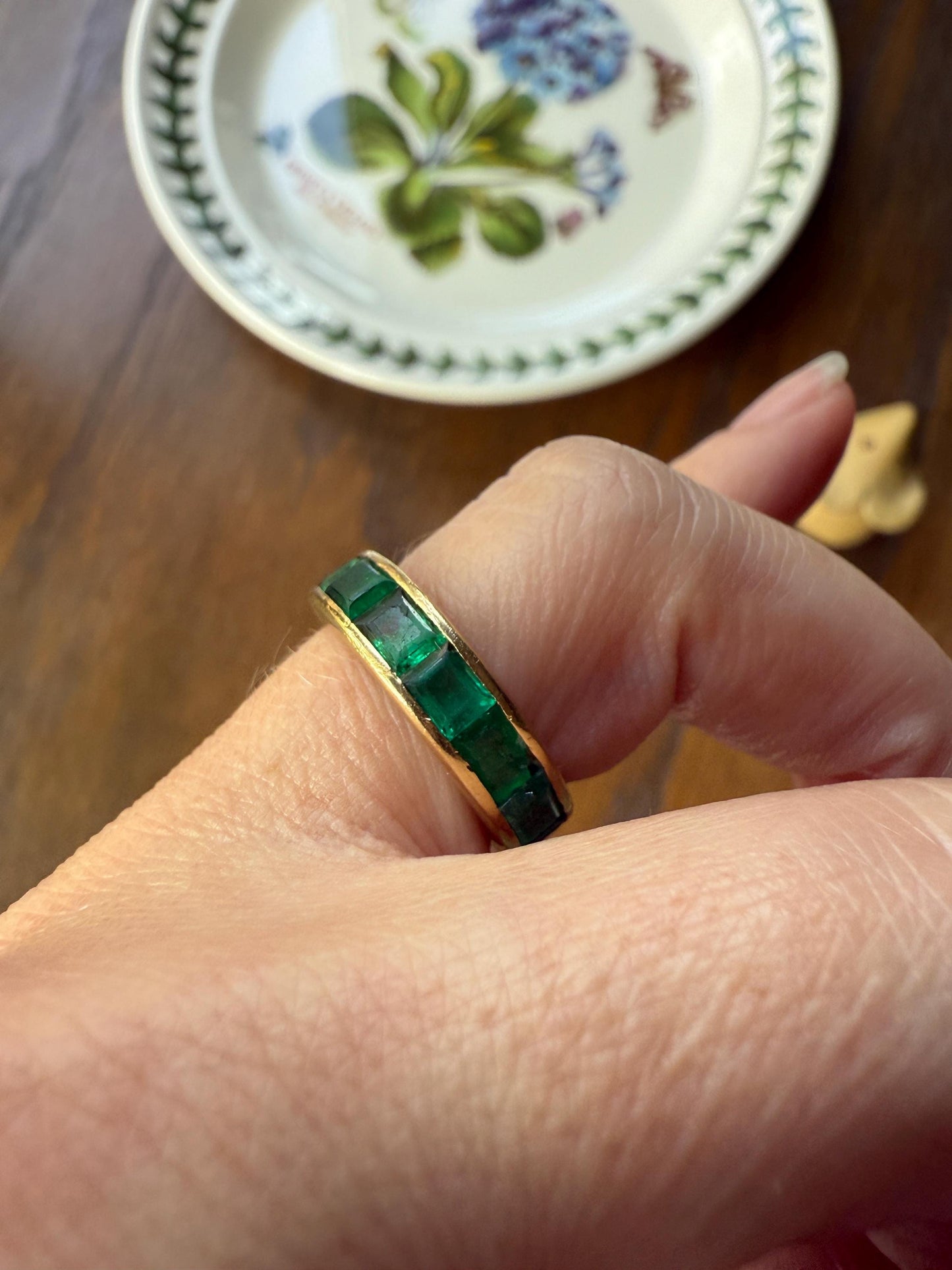 Vintage 5mm Channel Set 14 EMERALD Full ETERNITY Band Ring 18k Gold 2.25 Carat Skinny Line Stacker French Gift Rectangular Green Chunky