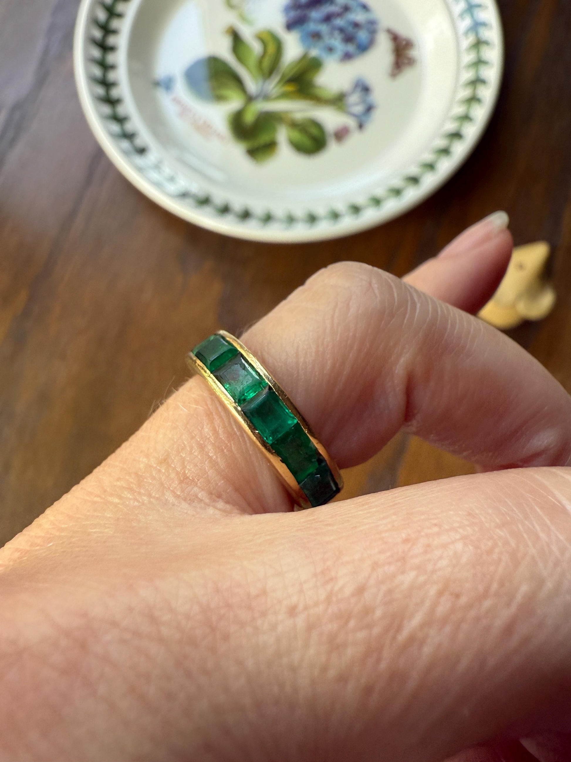 Vintage 5mm Channel Set 14 EMERALD Full ETERNITY Band Ring 18k Gold 2.25 Carat Skinny Line Stacker French Gift Rectangular Green Chunky