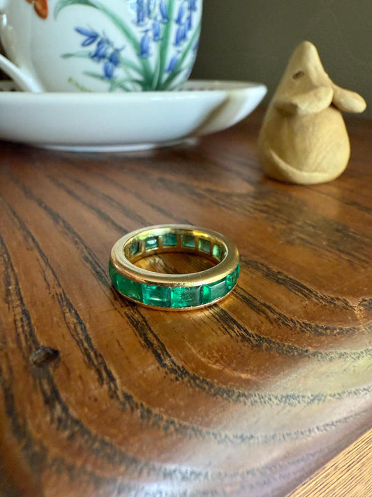 Vintage 5mm Channel Set 14 EMERALD Full ETERNITY Band Ring 18k Gold 2.25 Carat Skinny Line Stacker French Gift Rectangular Green Chunky
