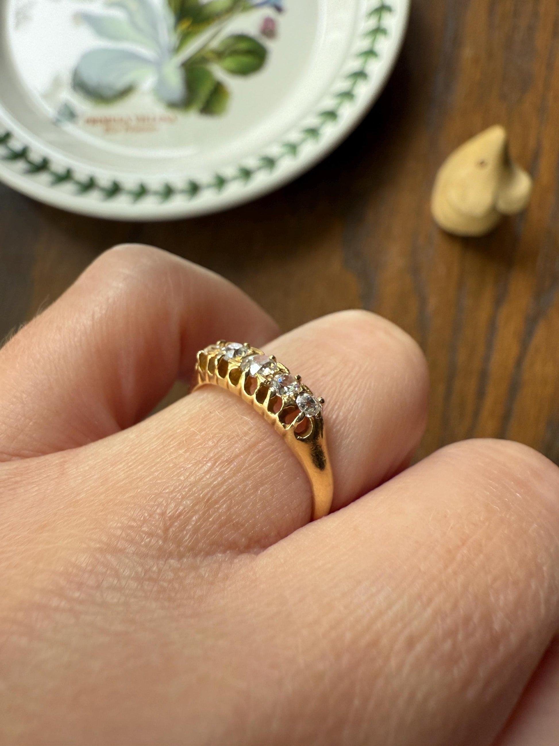 Five Stone Old Mine Cut Diamond ANTIQUE Band Ring .45 Carat Buttercup 18k GOLD Victorian Stacker Romantic Gift .45Ctw OMC