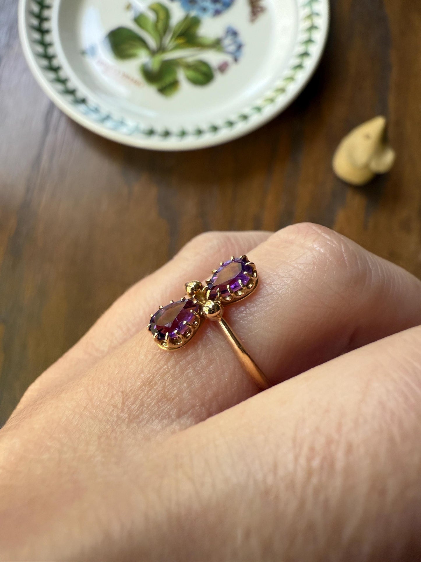 AMETHYST Purple Pear Two Stone Antique Oval Solitaire Ring 18k Gold French Victorian Belle Epoque Ornate Ball Rivet Crown Prongs Teardrop