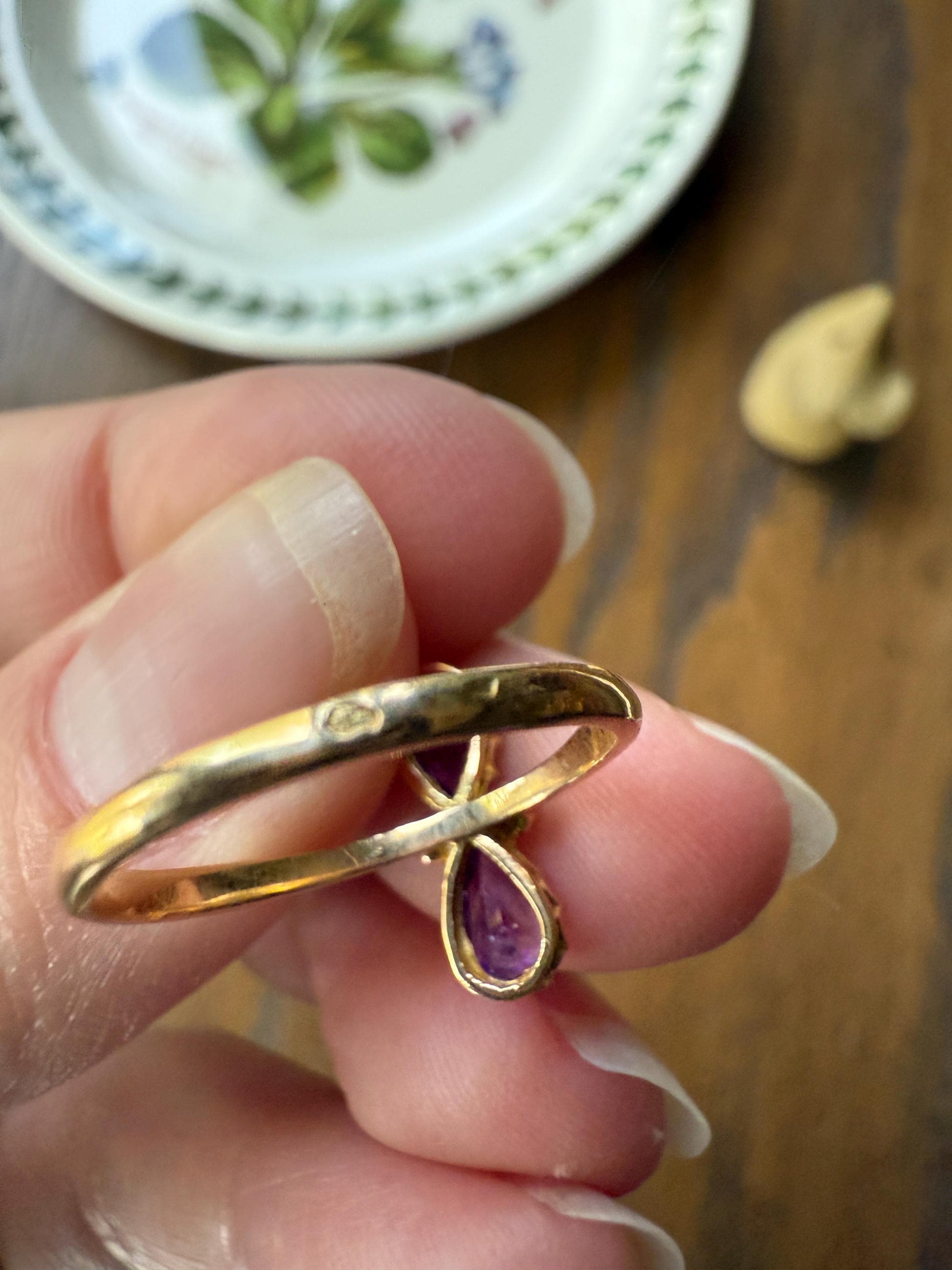 AMETHYST Purple Pear Two Stone Antique Oval Solitaire Ring 18k Gold French Victorian Belle Epoque Ornate Ball Rivet Crown Prongs Teardrop