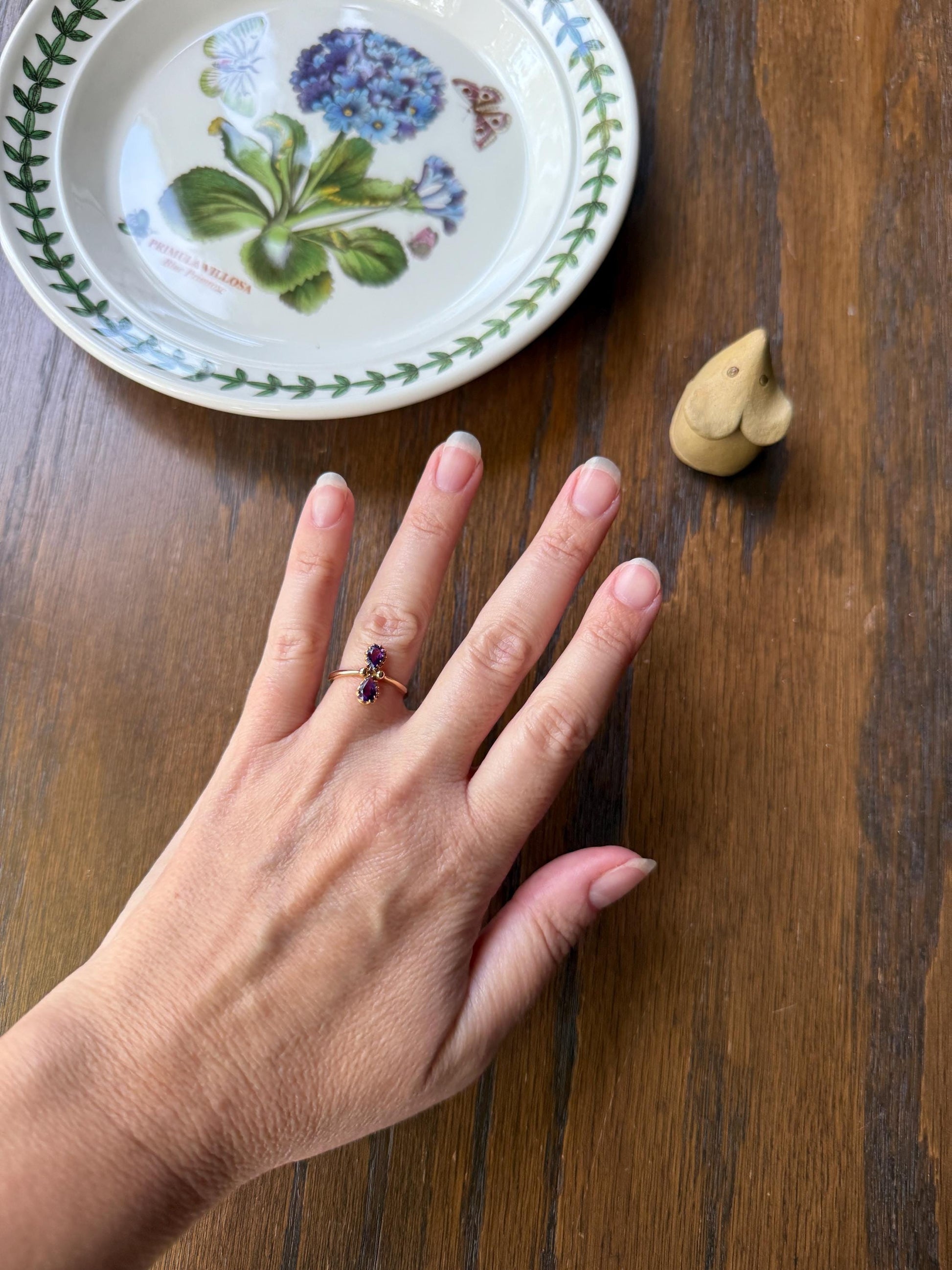 AMETHYST Purple Pear Two Stone Antique Oval Solitaire Ring 18k Gold French Victorian Belle Epoque Ornate Ball Rivet Crown Prongs Teardrop