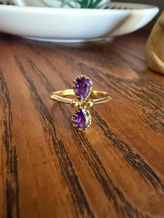 AMETHYST Purple Pear Two Stone Antique Oval Solitaire Ring 18k Gold French Victorian Belle Epoque Ornate Ball Rivet Crown Prongs Teardrop