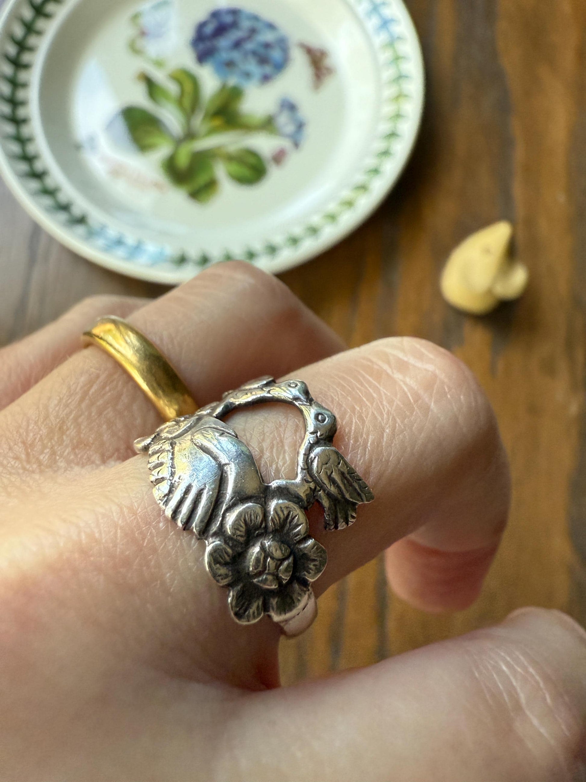 Victorian Antique LOVE BIRDS Floral French Fede Betrothal Ring Solid Silver Figural Traditional Engagement Unique Stacker Faith Promise Band