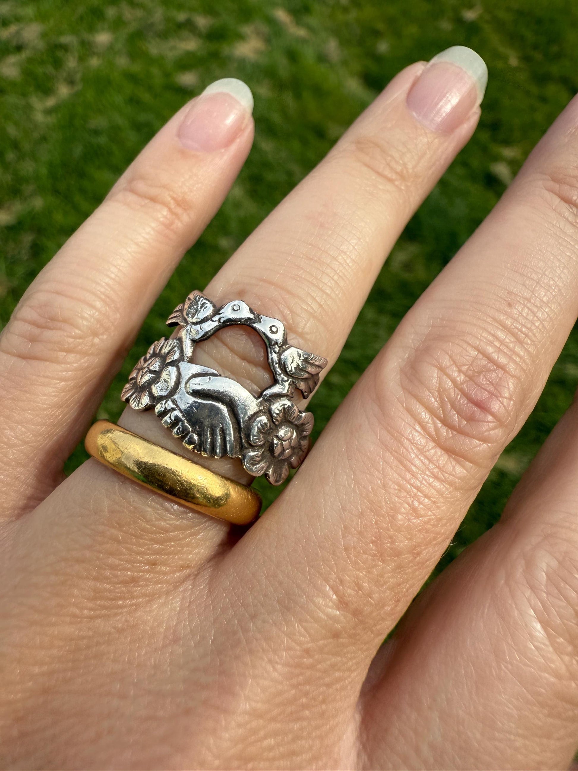 Victorian Antique LOVE BIRDS Floral French Fede Betrothal Ring Solid Silver Figural Traditional Engagement Unique Stacker Faith Promise Band