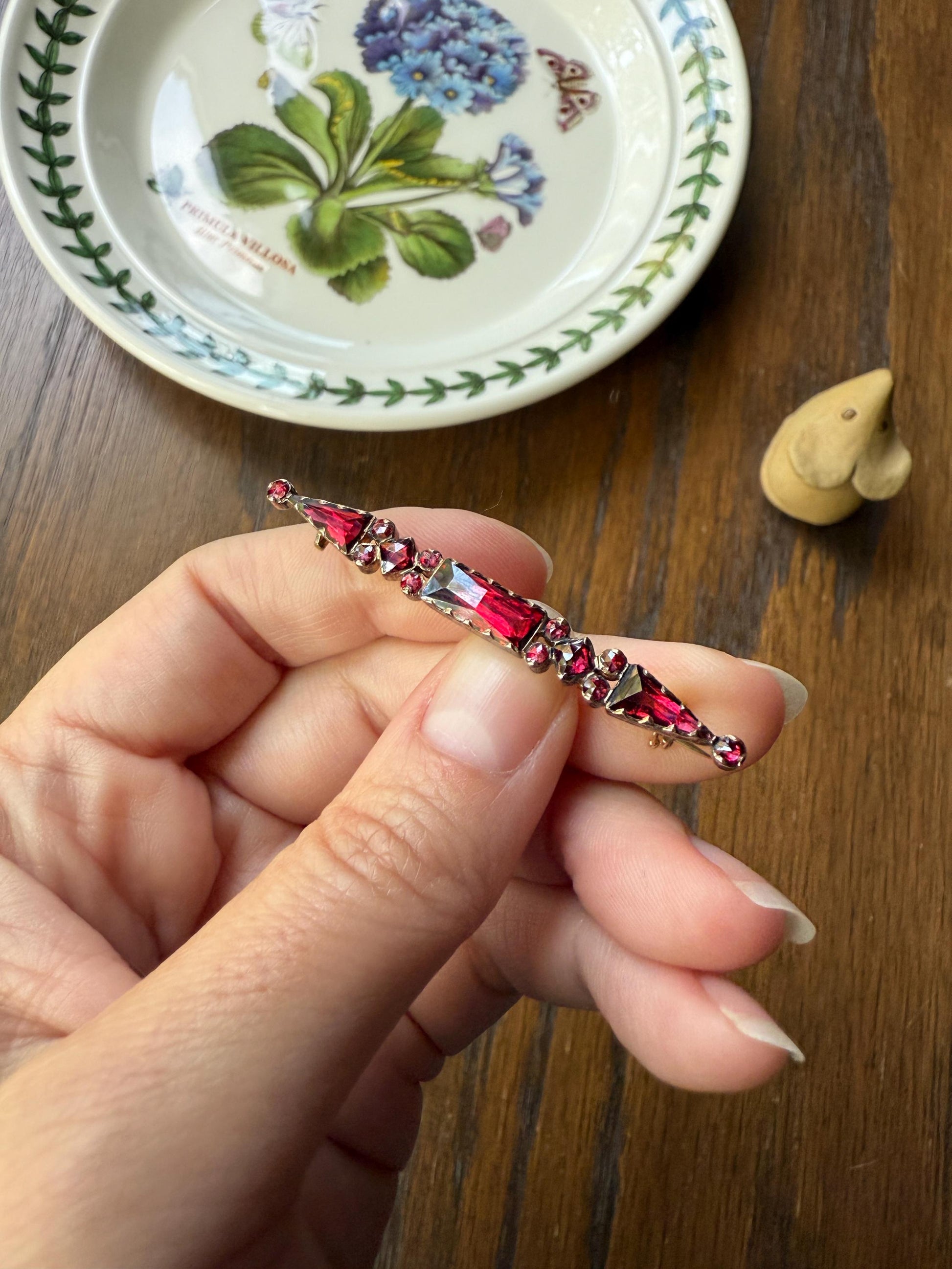 PERPIGNAN Garnet Purple Pink Bar Line Brooch for Pendant Conversion French Antique Victorian 18k Gold Extender Connector Unique Triangle
