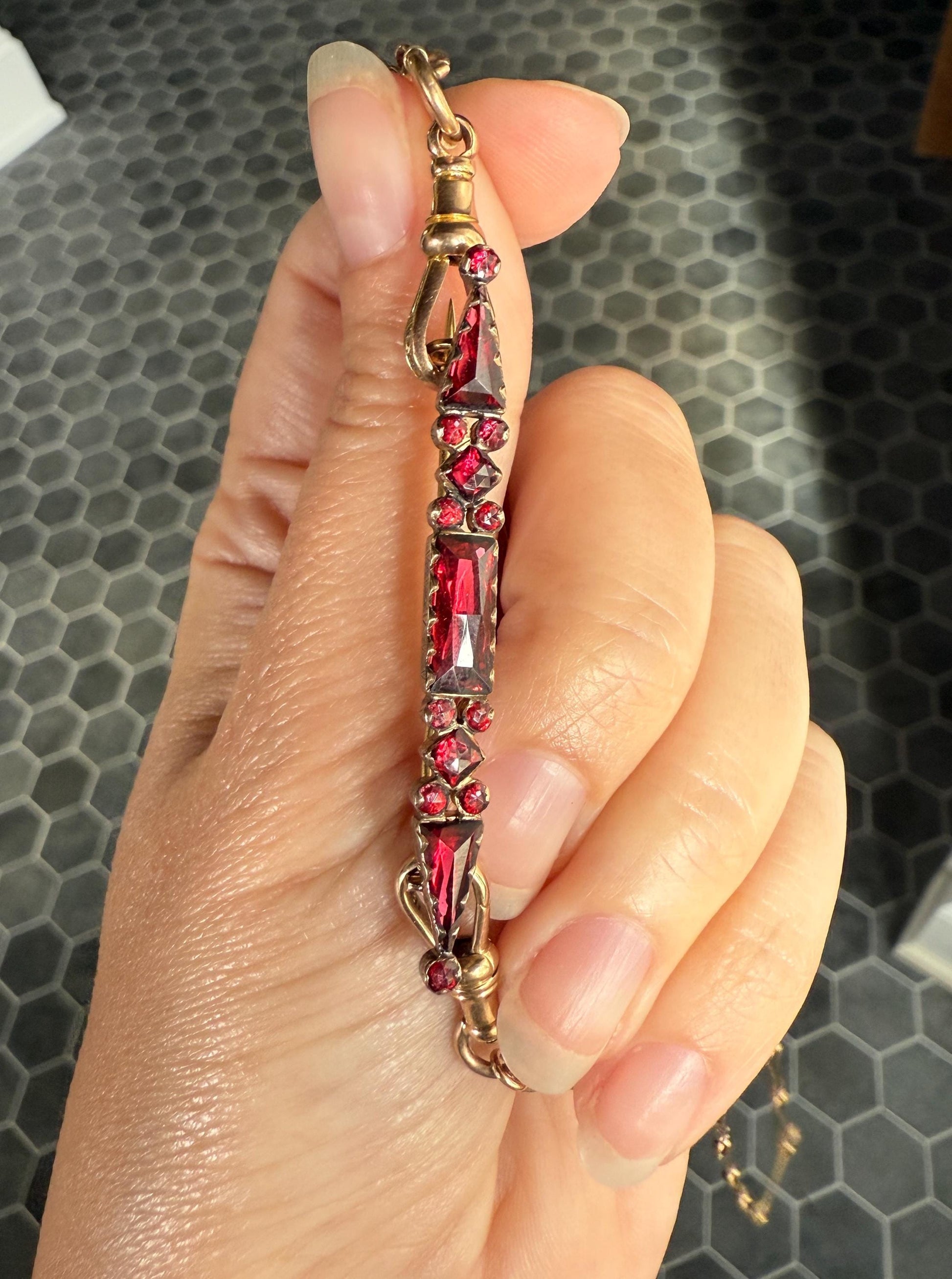 PERPIGNAN Garnet Purple Pink Bar Line Brooch for Pendant Conversion French Antique Victorian 18k Gold Extender Connector Unique Triangle