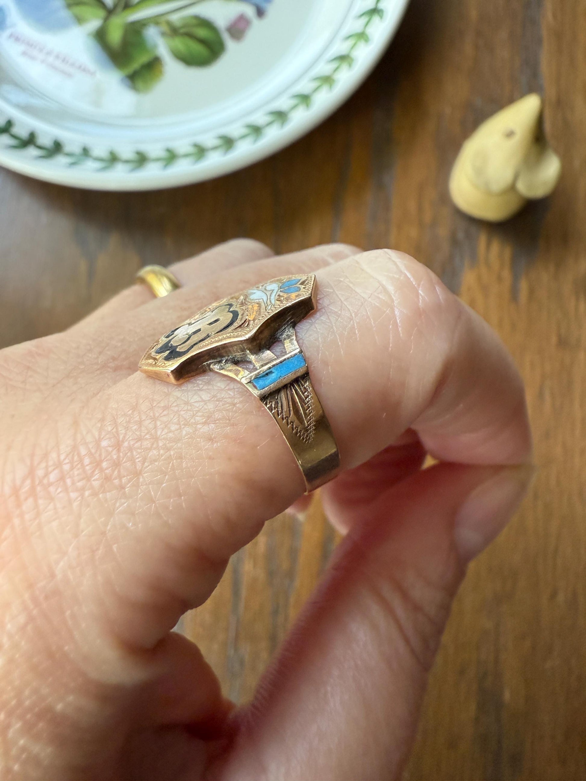 R is For Ricordo (Remembrance / Souvenir) or ? Love Band 14k Gold Iberian Ring Black Blue Enamel Shield Signet Man or Unisex Letter Initial