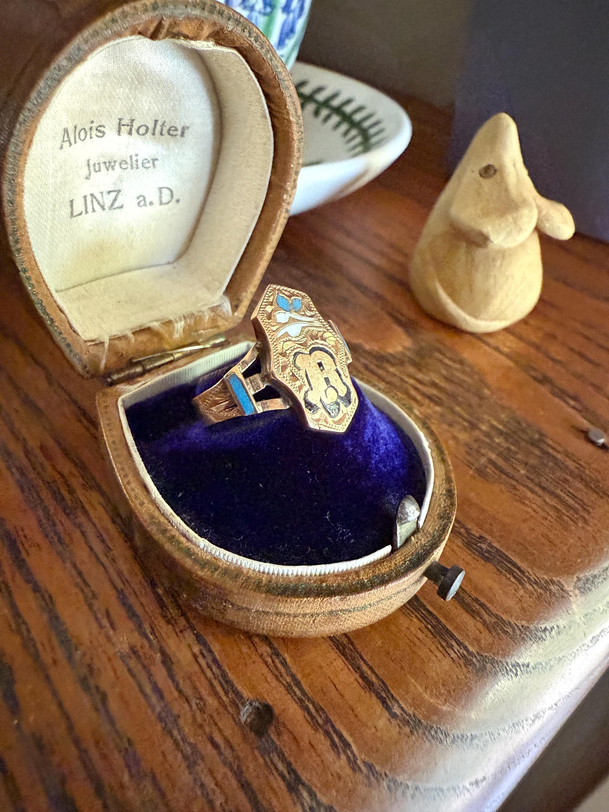 R is For Ricordo (Remembrance / Souvenir) or ? Love Band 14k Gold Iberian Ring Black Blue Enamel Shield Signet Man or Unisex Letter Initial