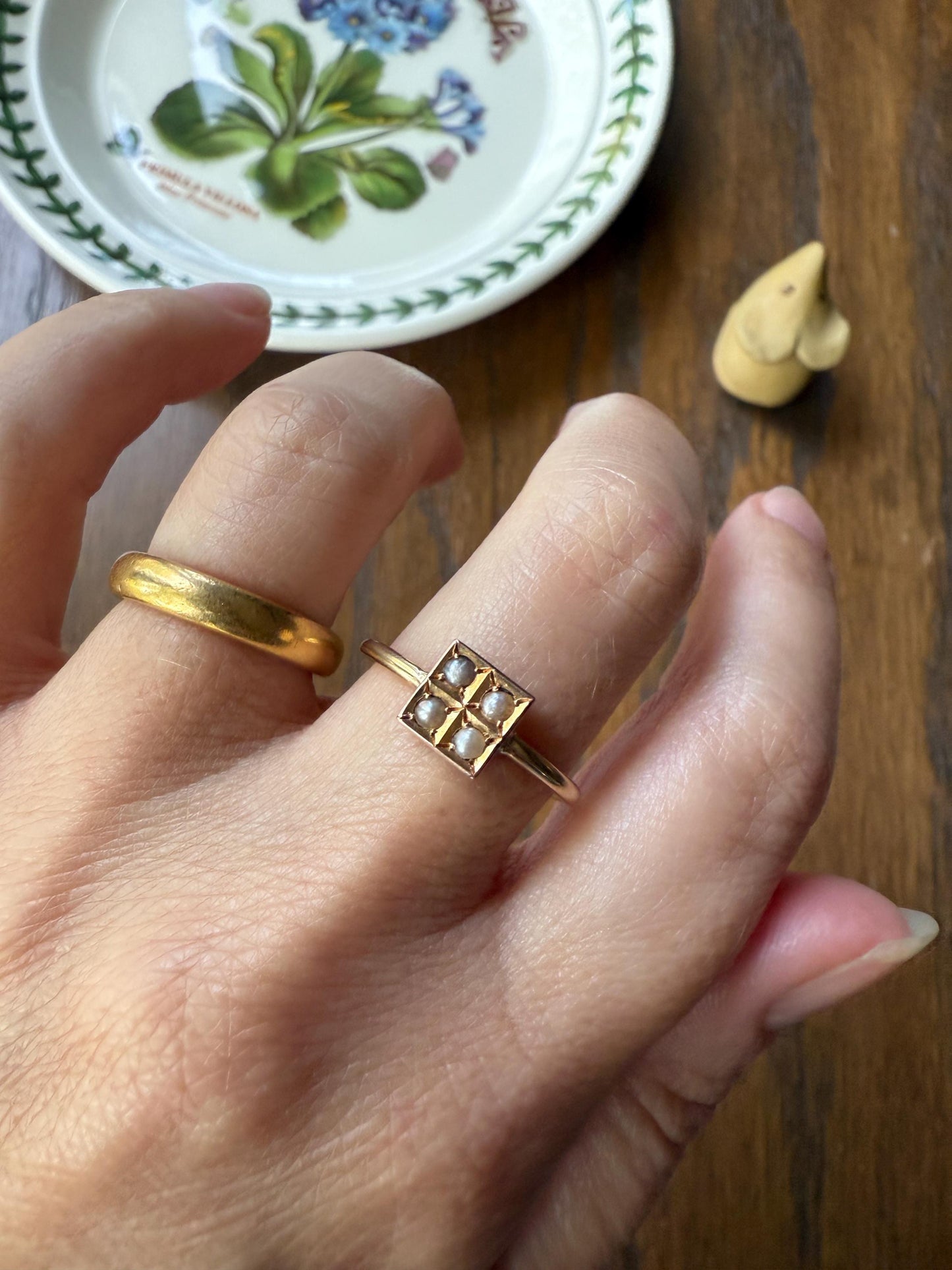Antique 18k Gold Four Pearl Grid Ring Square Geometric Stacker Donut Band Panel Platform Lozenge Cube