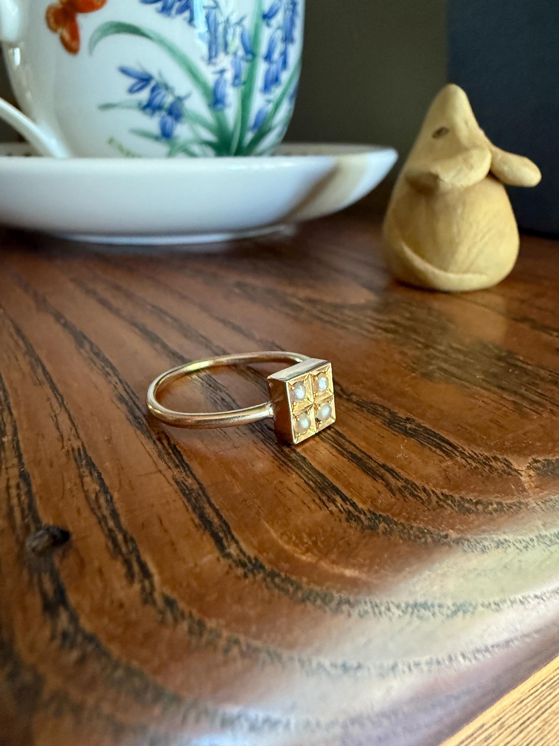 Antique 18k Gold Four Pearl Grid Ring Square Geometric Stacker Donut Band Panel Platform Lozenge Cube