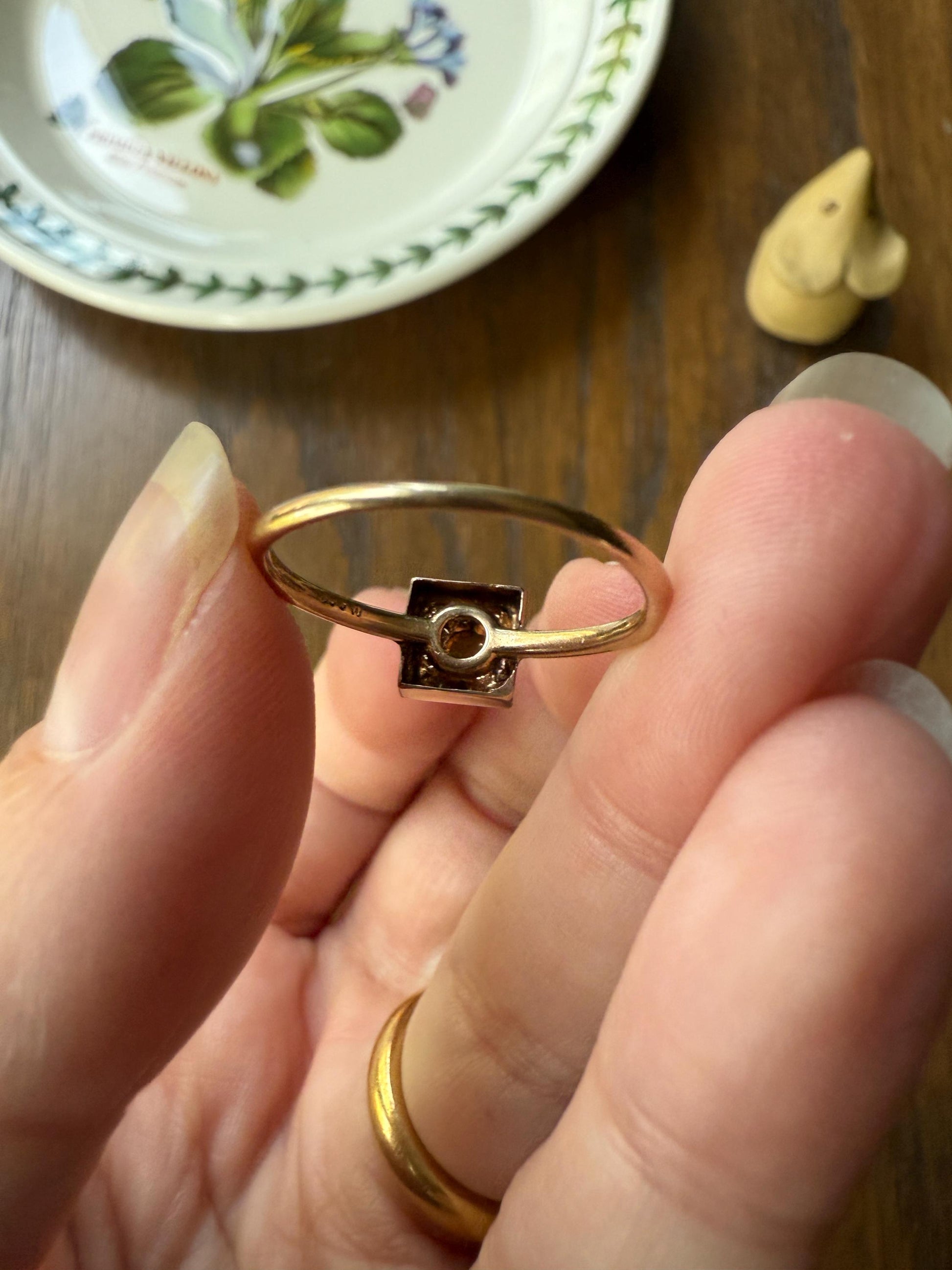 Antique 18k Gold Four Pearl Grid Ring Square Geometric Stacker Donut Band Panel Platform Lozenge Cube