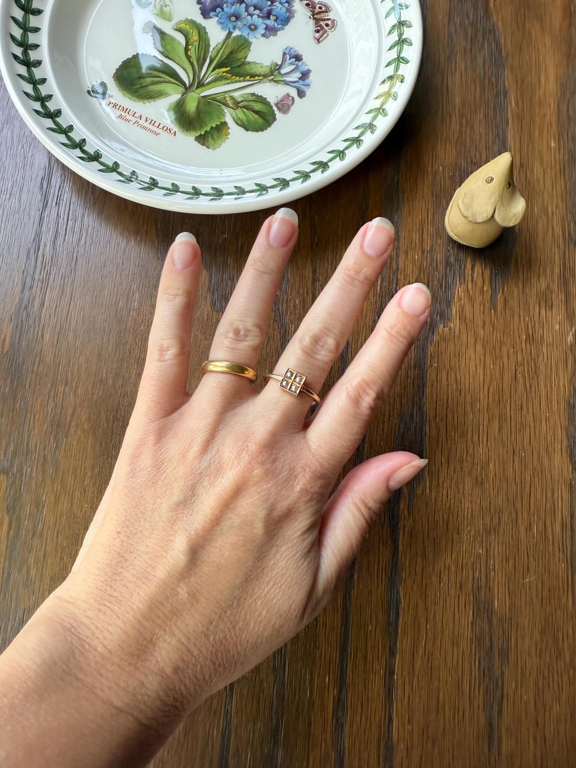 Antique 18k Gold Four Pearl Grid Ring Square Geometric Stacker Donut Band Panel Platform Lozenge Cube