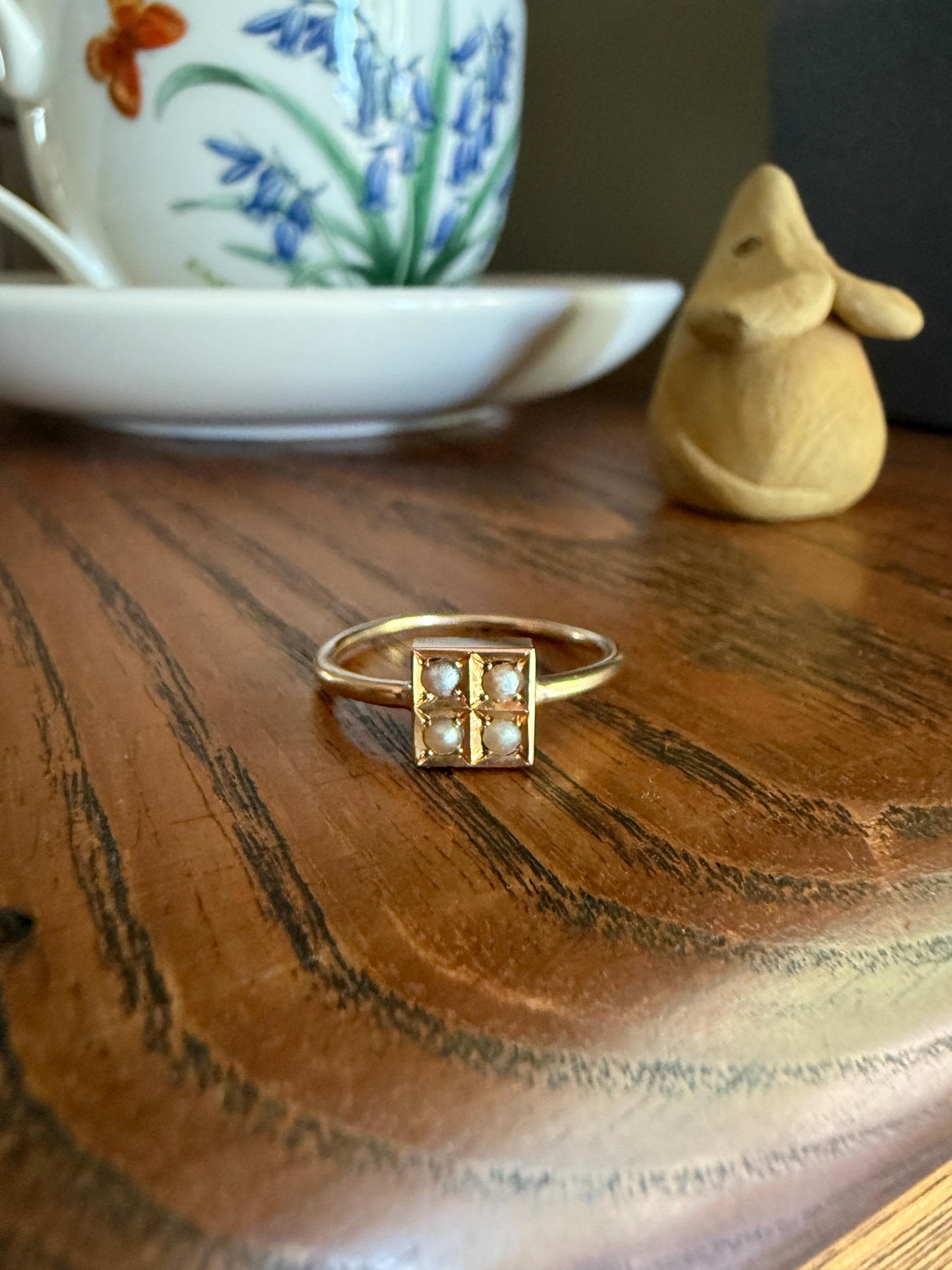 Antique 18k Gold Four Pearl Grid Ring Square Geometric Stacker Donut Band Panel Platform Lozenge Cube