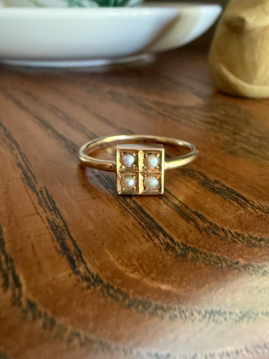 Antique 18k Gold Four Pearl Grid Ring Square Geometric Stacker Donut Band Panel Platform Lozenge Cube