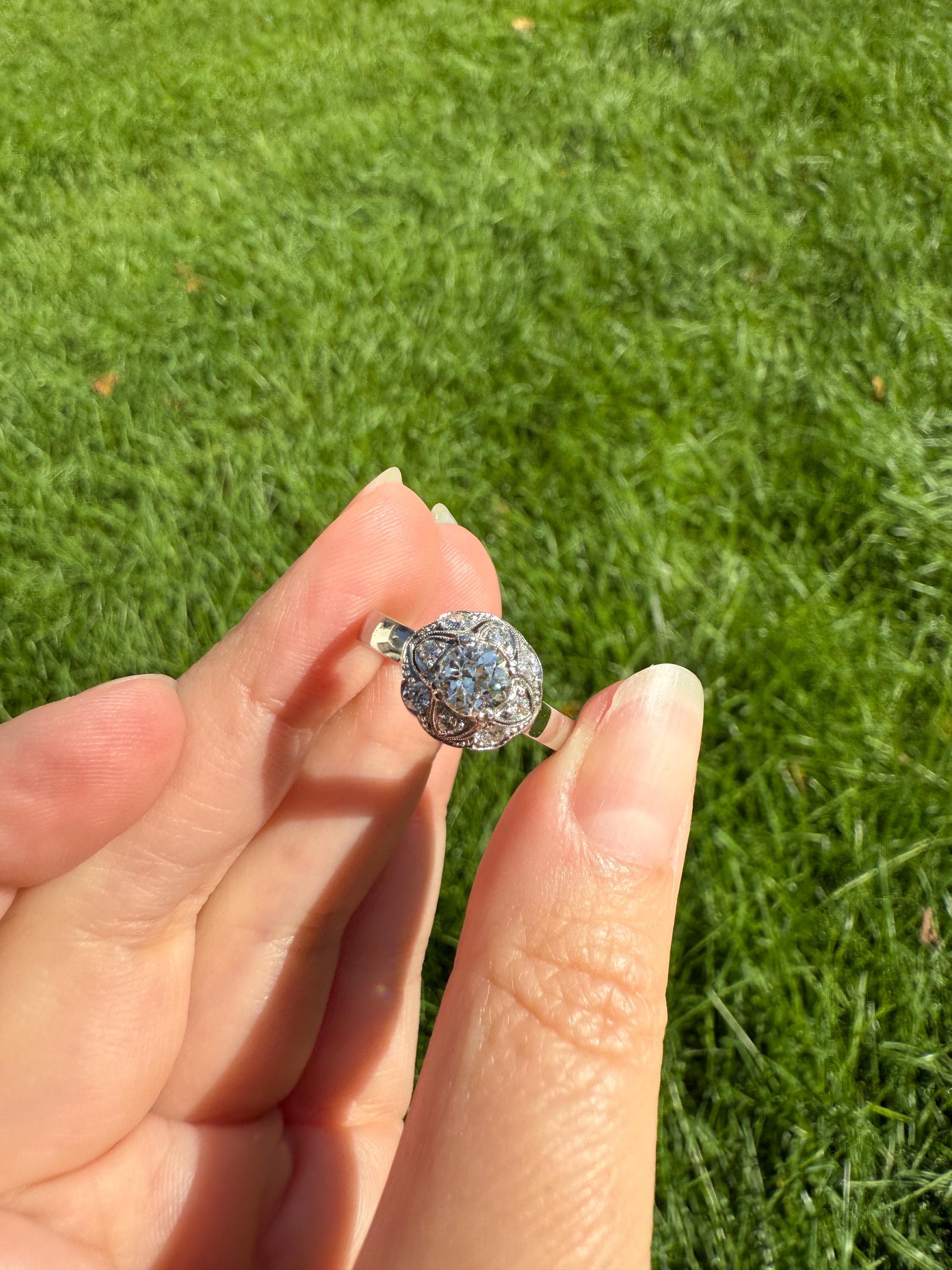 Vintage 1 Carat Tdw Antique Old European Cut Diamonds 18k White Gold Ring Scandinavian Domed Ornate Cluster Ring Art Deco Edwardian Style
