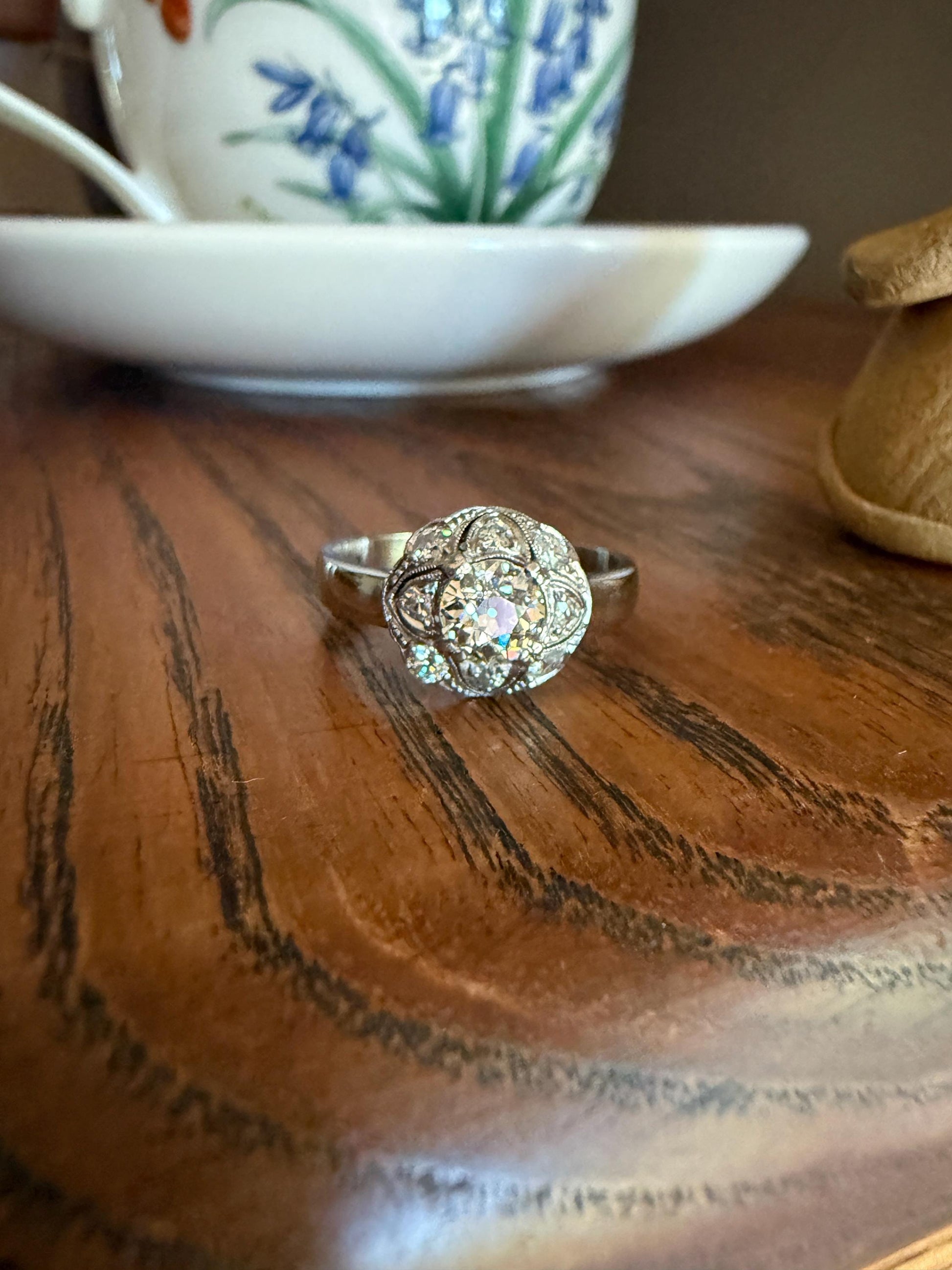 Vintage 1 Carat Tdw Antique Old European Cut Diamonds 18k White Gold Ring Scandinavian Domed Ornate Cluster Ring Art Deco Edwardian Style